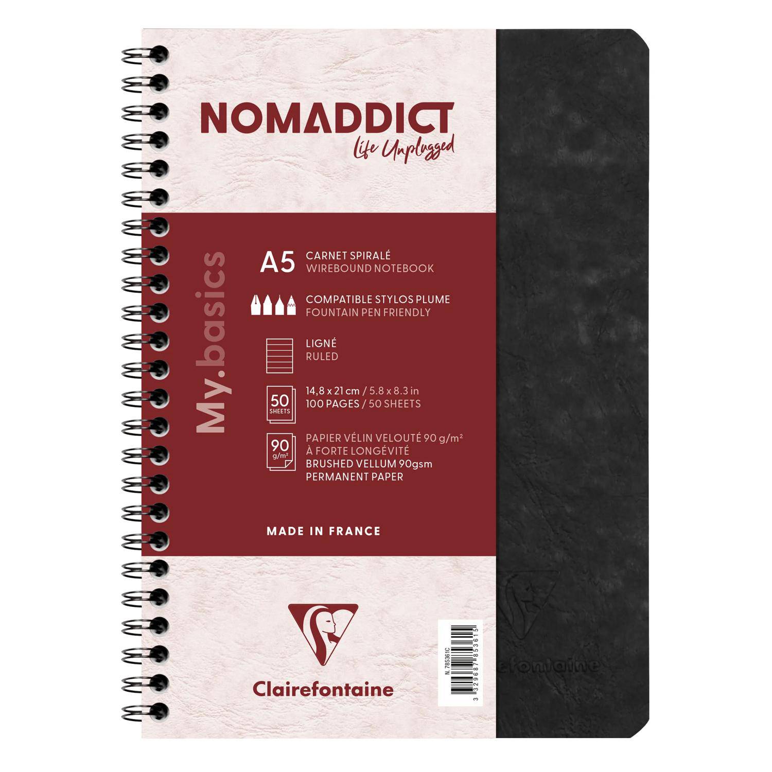 A5 Clairefontaine Spiralbindungs-Notizbuch mit schwarzem Einband und burgunderfarbigem Etikett, mit den Marken „NOMADDICT