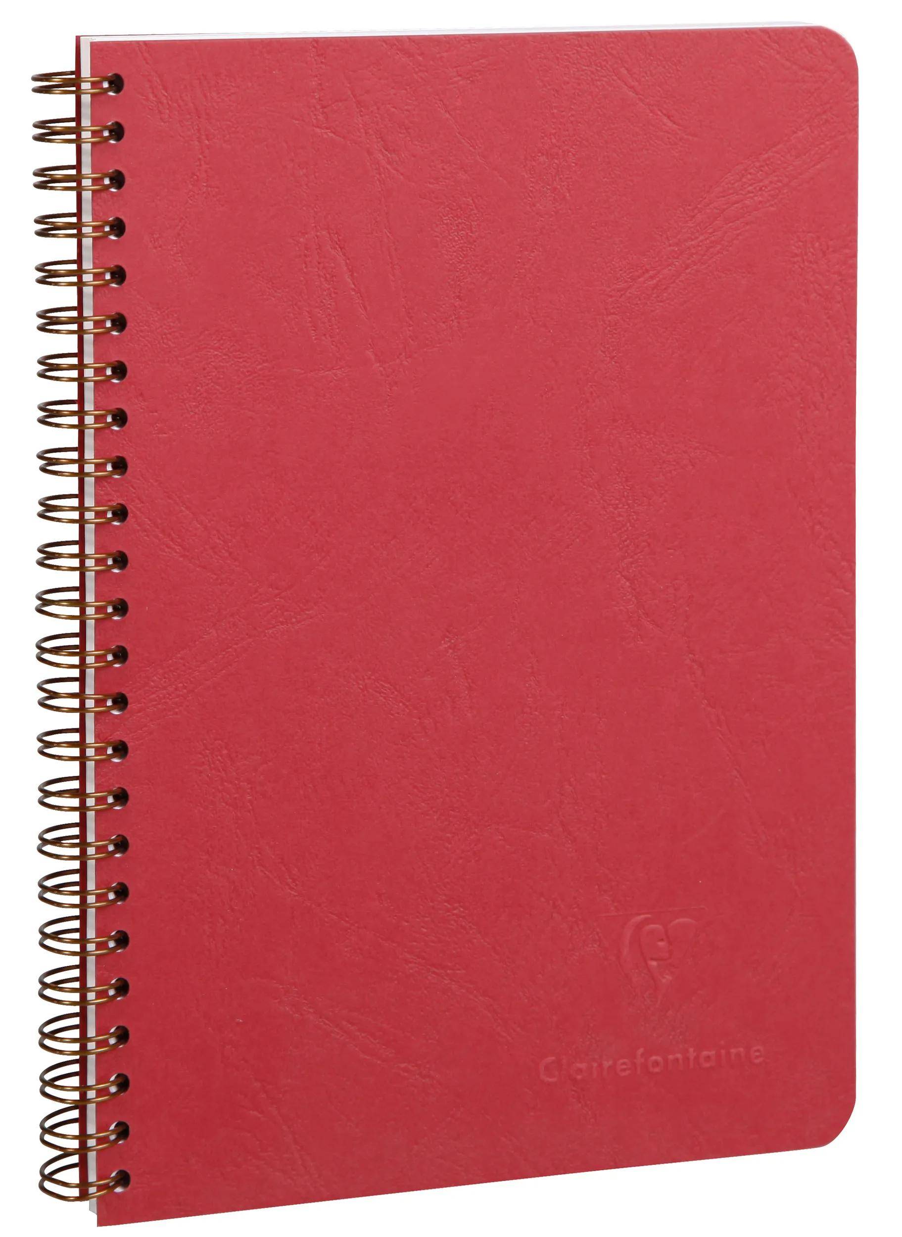 Rotes spiralgebundenes Notizbuch mit strukturiertem Einband und abgerundeten Ecken.