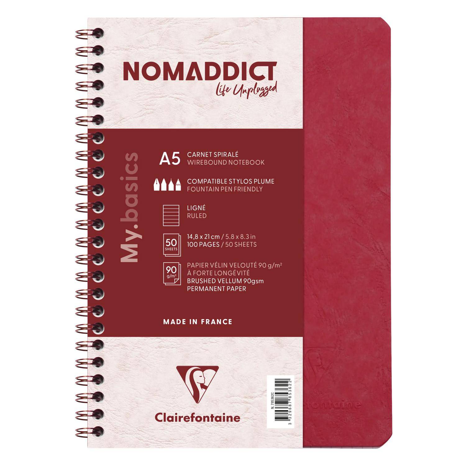 Rotes A5-Spiralnotizbuch von Clairefontaine/Nomaddict, liniert, 100 Seiten, 90 g/m² Papier, hergestellt in Frankreich.