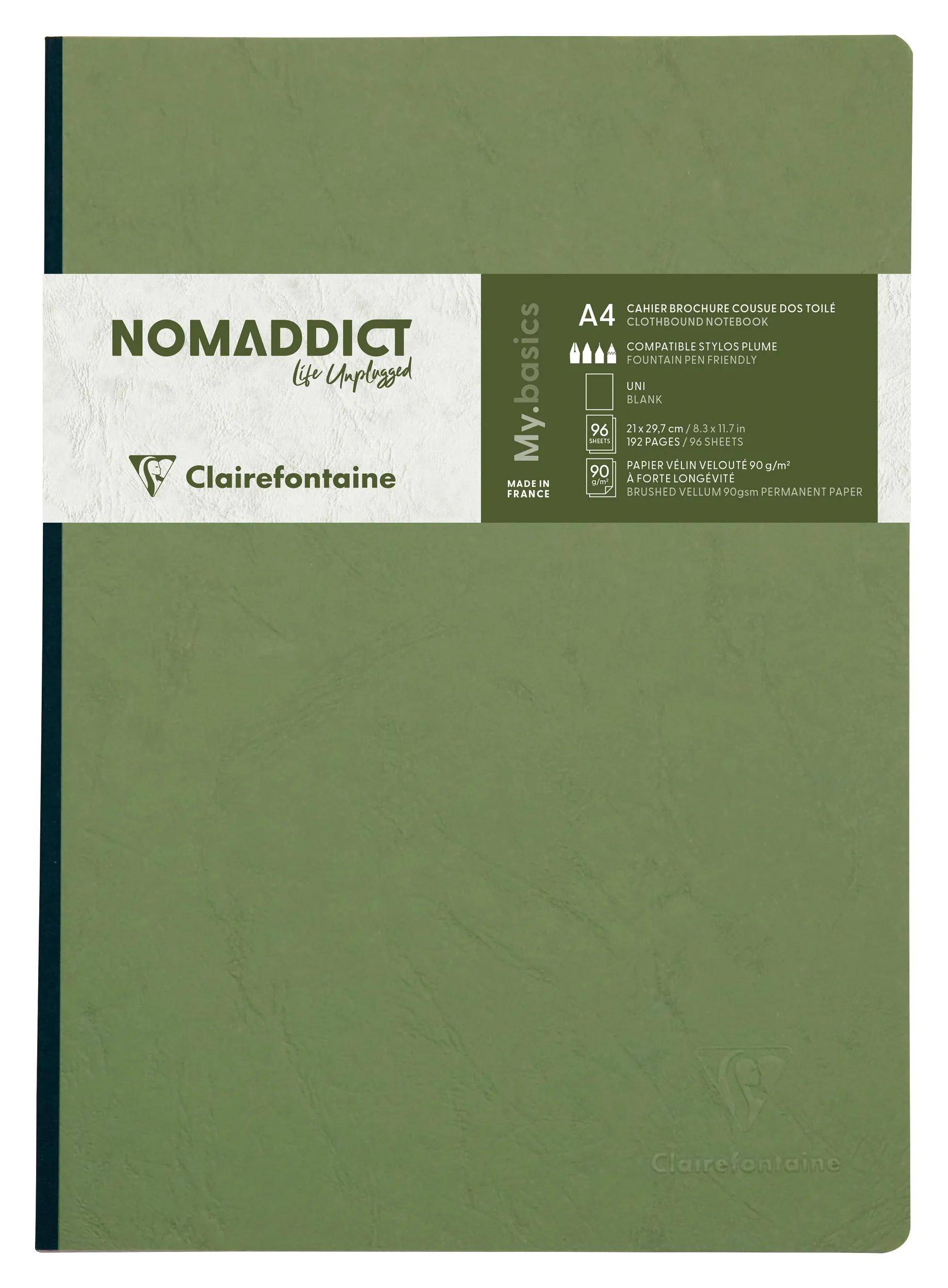 Grünes Clairefontaine 'NOMABDIC' A4 Basis-Notizbuch mit liniertem Papier, vordere Verpackungsseite gezeigt.