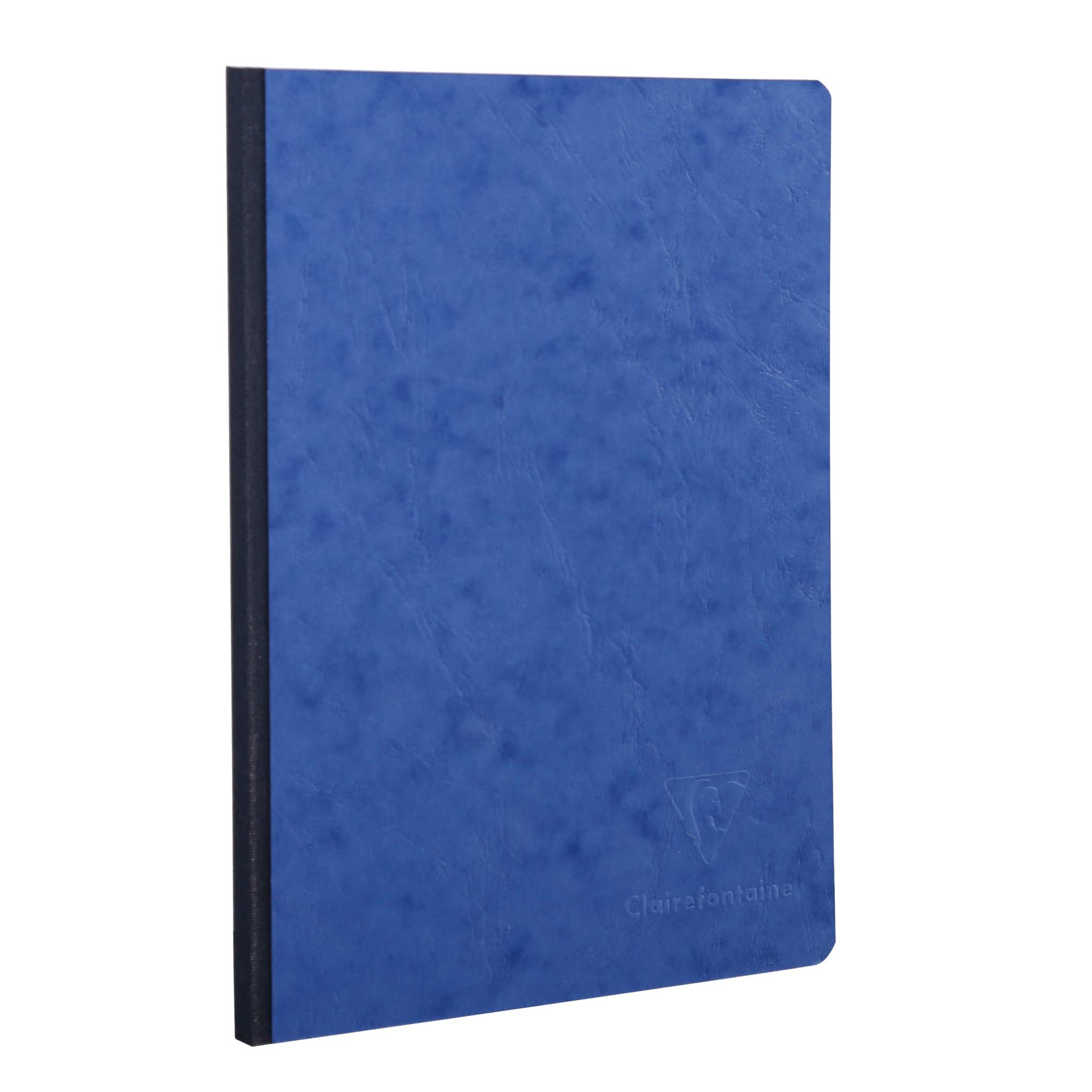Blaues Hardcover-Notizbuch mit schwarzem Rücken, geschlossen auf weißem Hintergrund dargestellt.