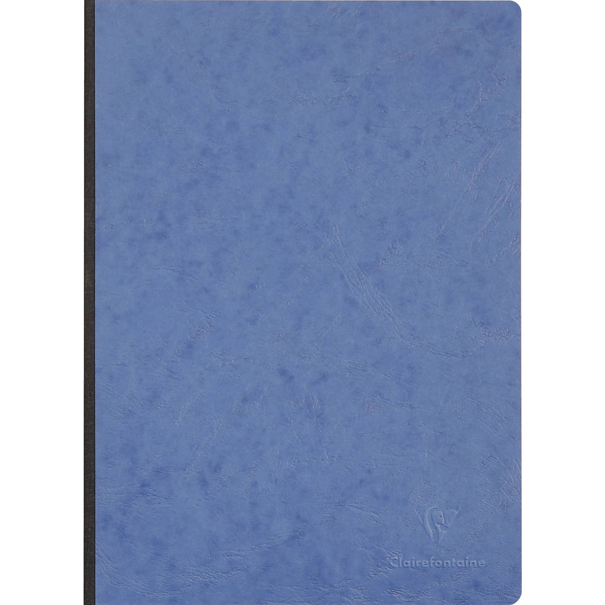 Leeres blaues strukturiertes Notizbuch mit schwarzem Rücken auf der linken Seite und kleiner "Clairefontaine""-Prägung in der Nähe der unteren rechten Ecke.