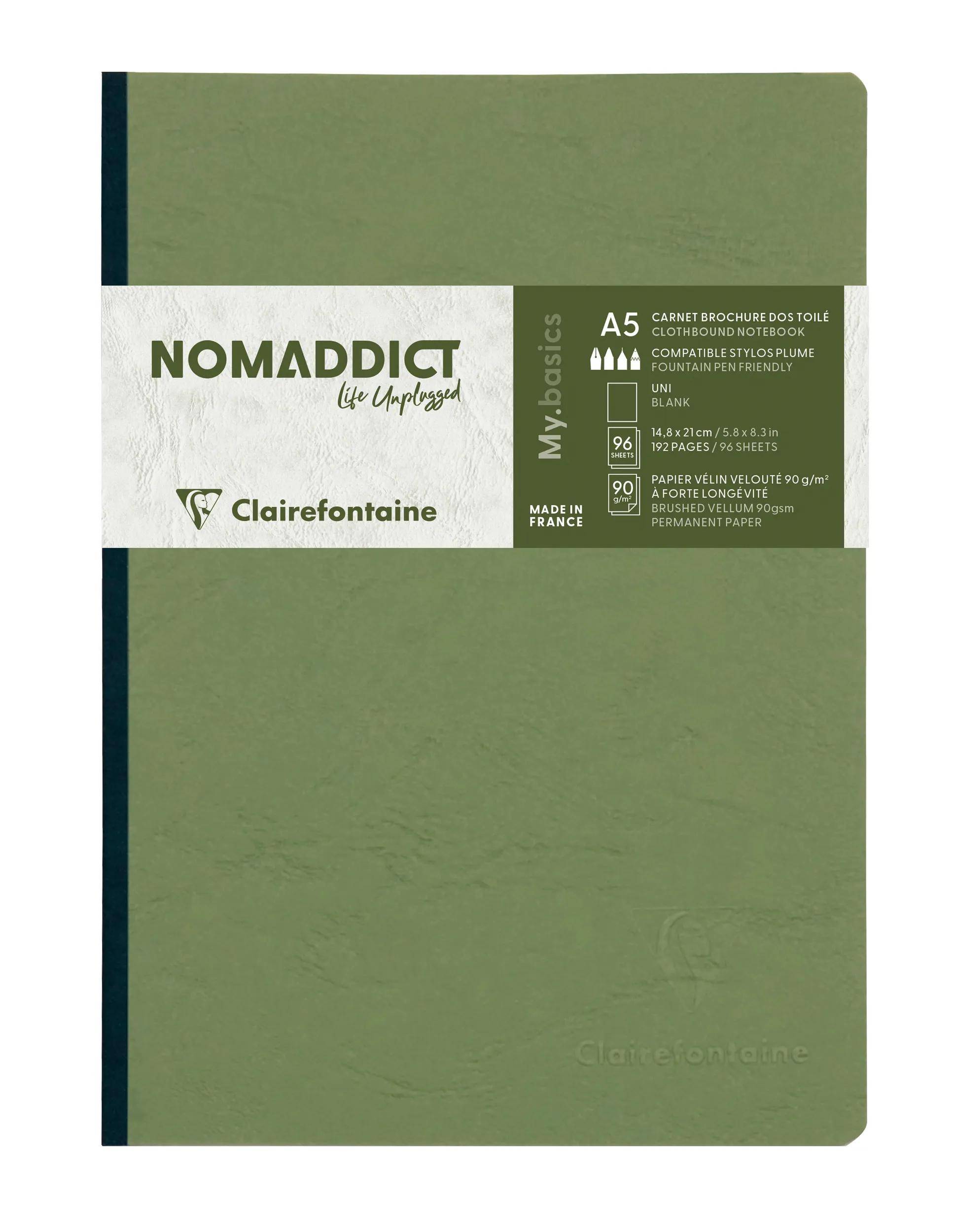 Grünes Clairefontaine Nomadict A5 Notizbuch mit Hardcover und liniierten Seiten, beschriftet mit „my.basic