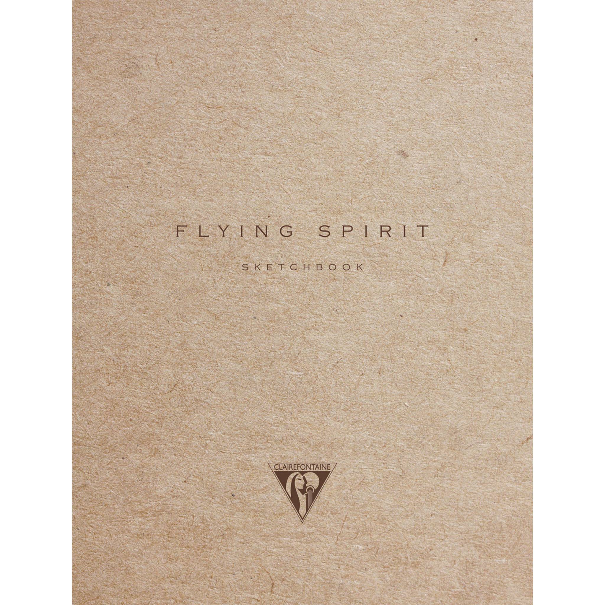 Nahaufnahme eines beigen Skizzenblochumschlags mit dem Titel „FLYING SPIRIT