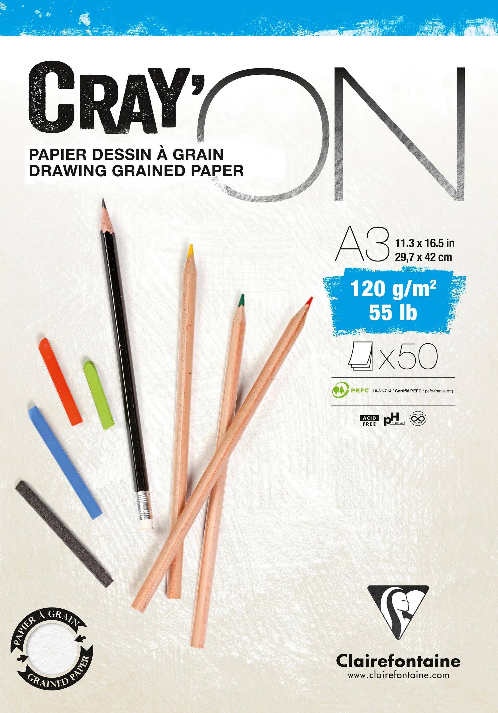 Umschlag des Clairefontaine CRAY'ON A3 Zeichenpapierblocks mit Körnung, 120 g/m², 50 Blatt, mit Bleistiftillustration und Markenlogo.