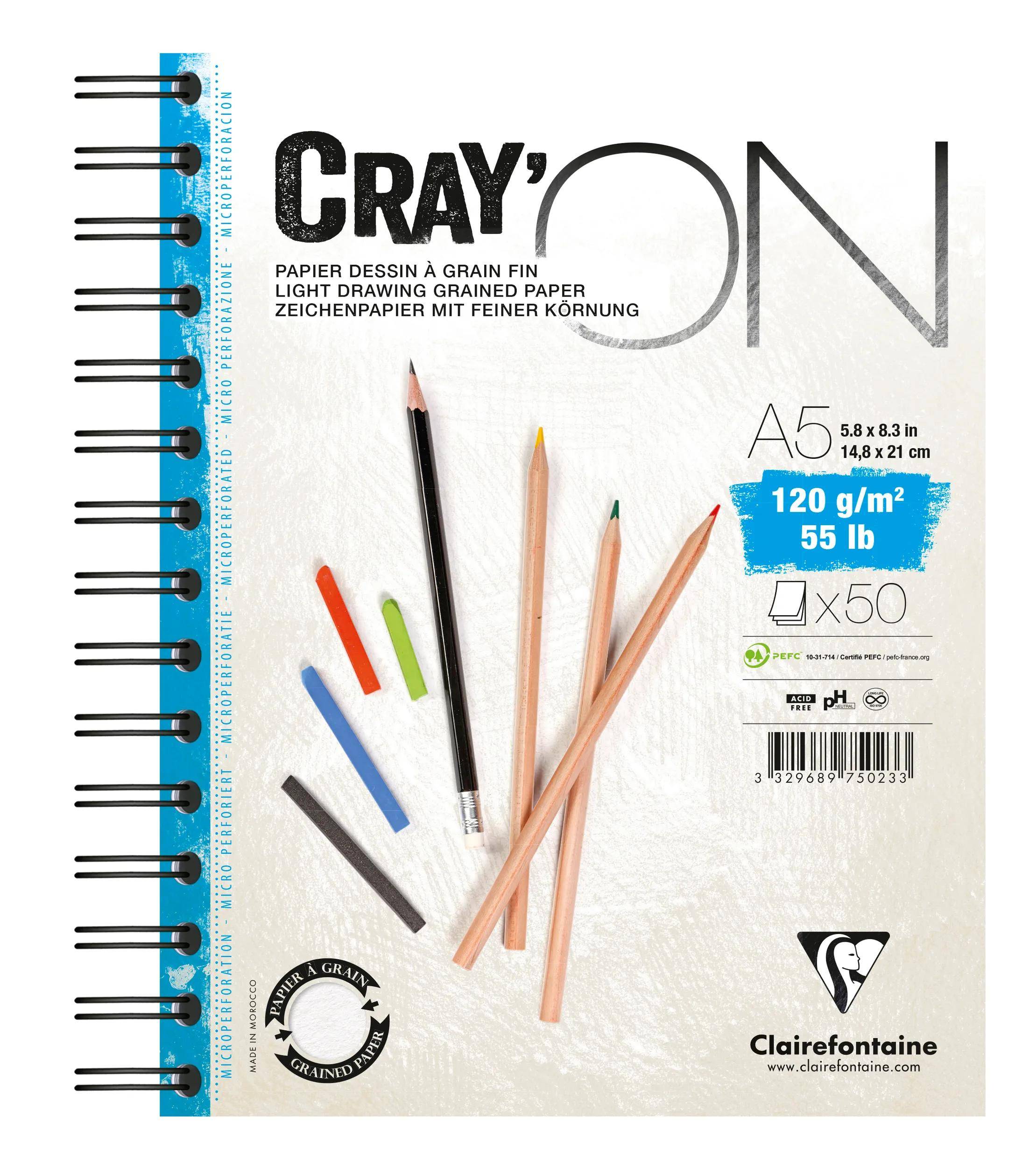 Clairefontaine 5x Cray'ON, Spiralblock A5, 50 Blatt 120g 975023C