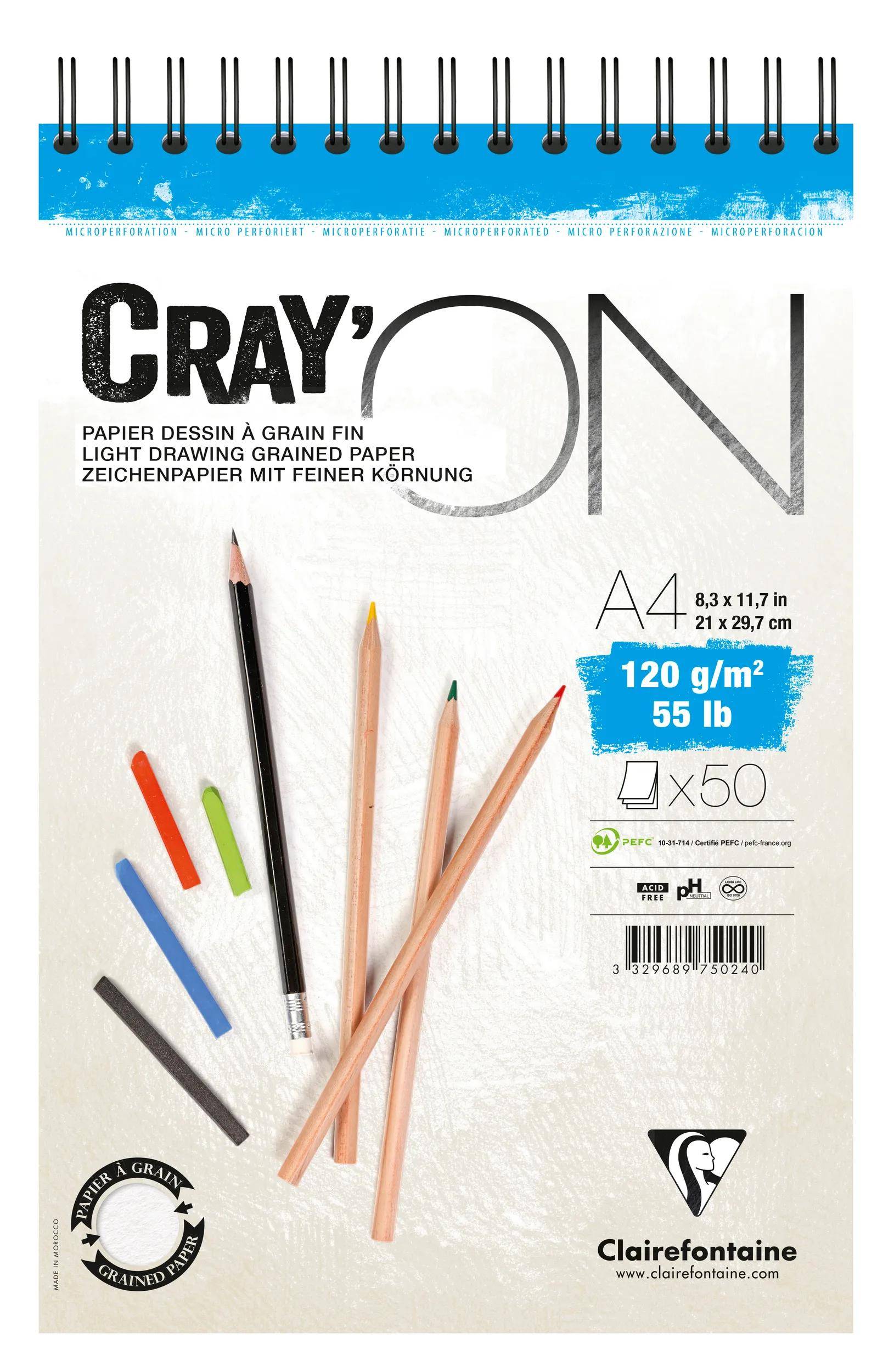 Ein spiralgebundener Zeichenblock mit dem Etikett „CRAY'ON