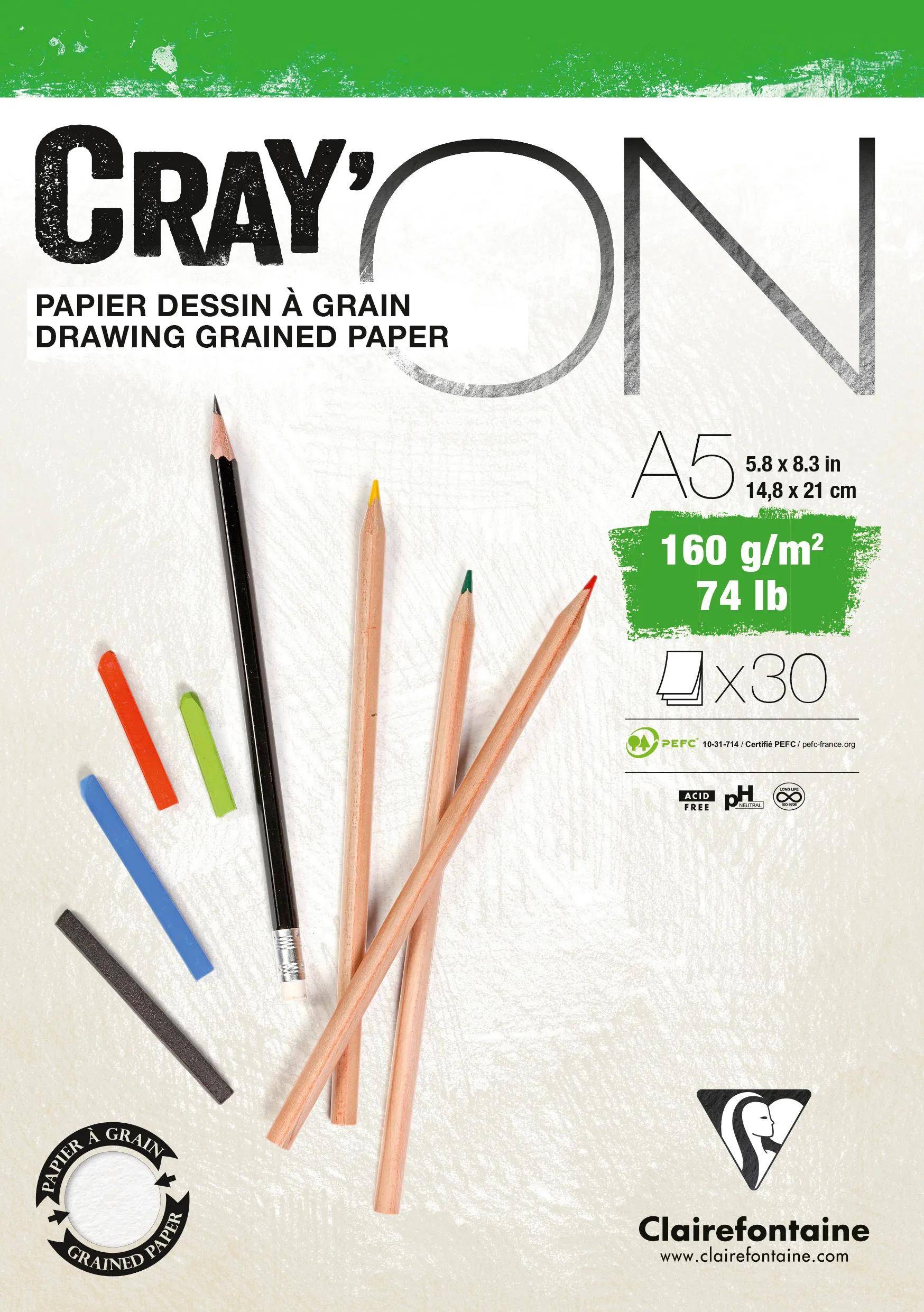 Clairefontaine 5x Cray'ON, geleimter Block A5, 30 Blatt 160g 975026C