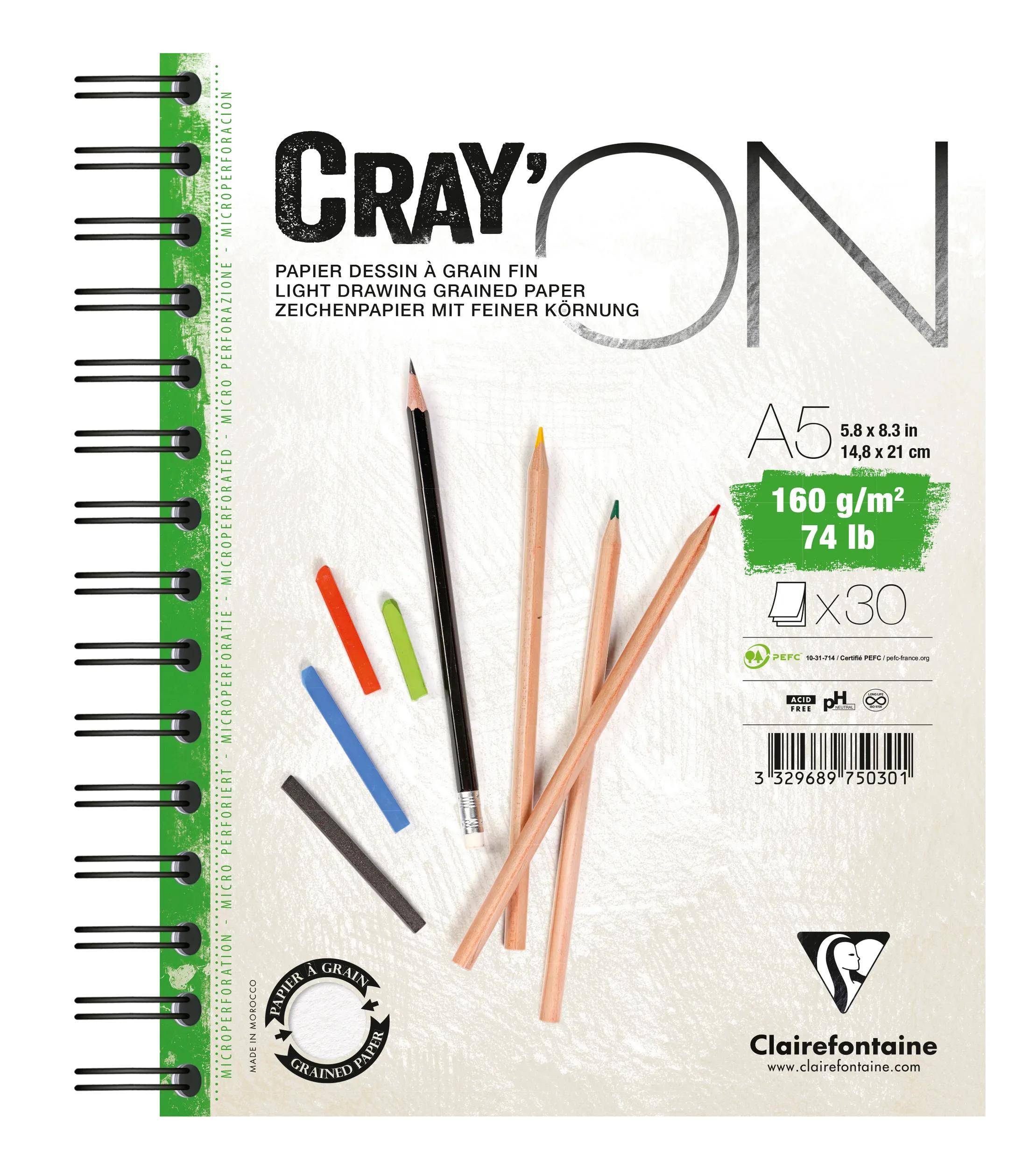 Umschlag eines Clairefontaine 'Grays' Zeichenpapierblocks, A5 160 g/m², 30 Blätter, mit abgebildeten Farbstiften.