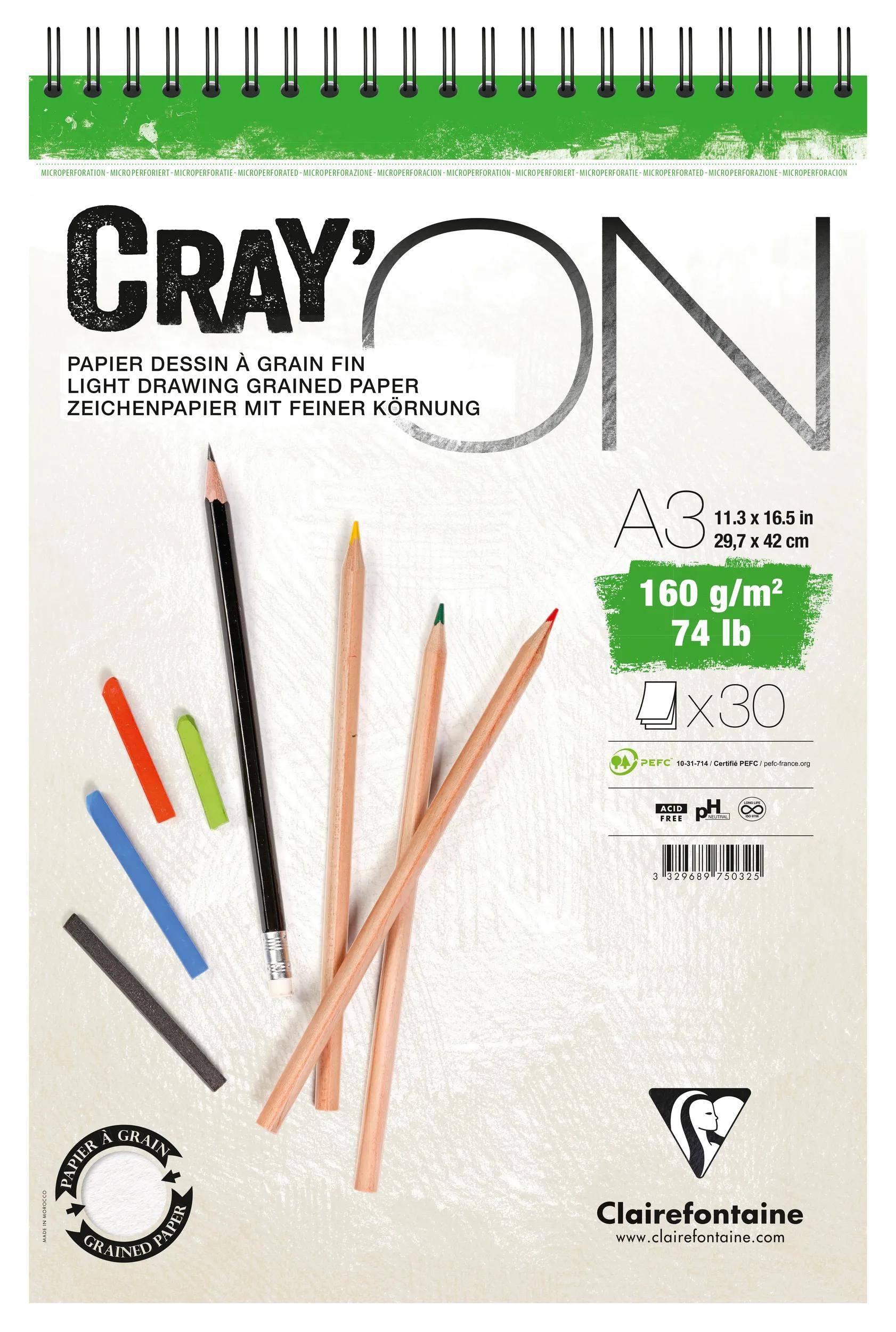 Clairefontaine 5x Cray'ON, Spiralblock A3, 30 Blatt 160g 975032C