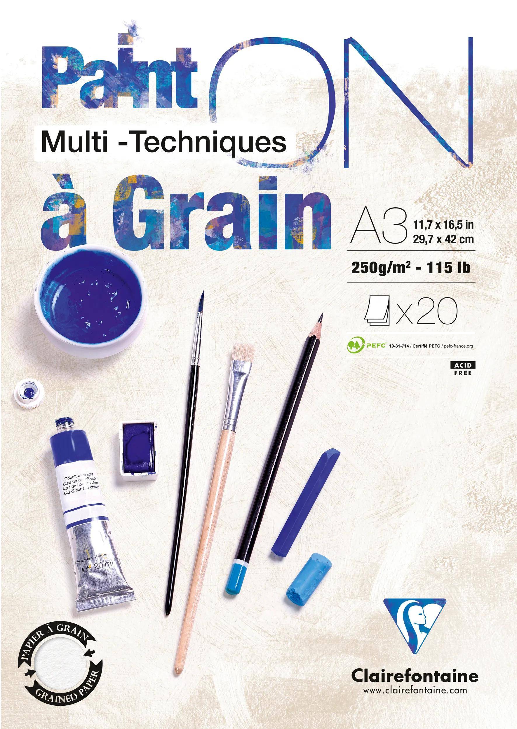 Clairefontaine PaintON A3 Multitechnik-Papierblock, 20 Blatt, 250 g/m2, abgebildet mit Farbe und Kunstbedarf