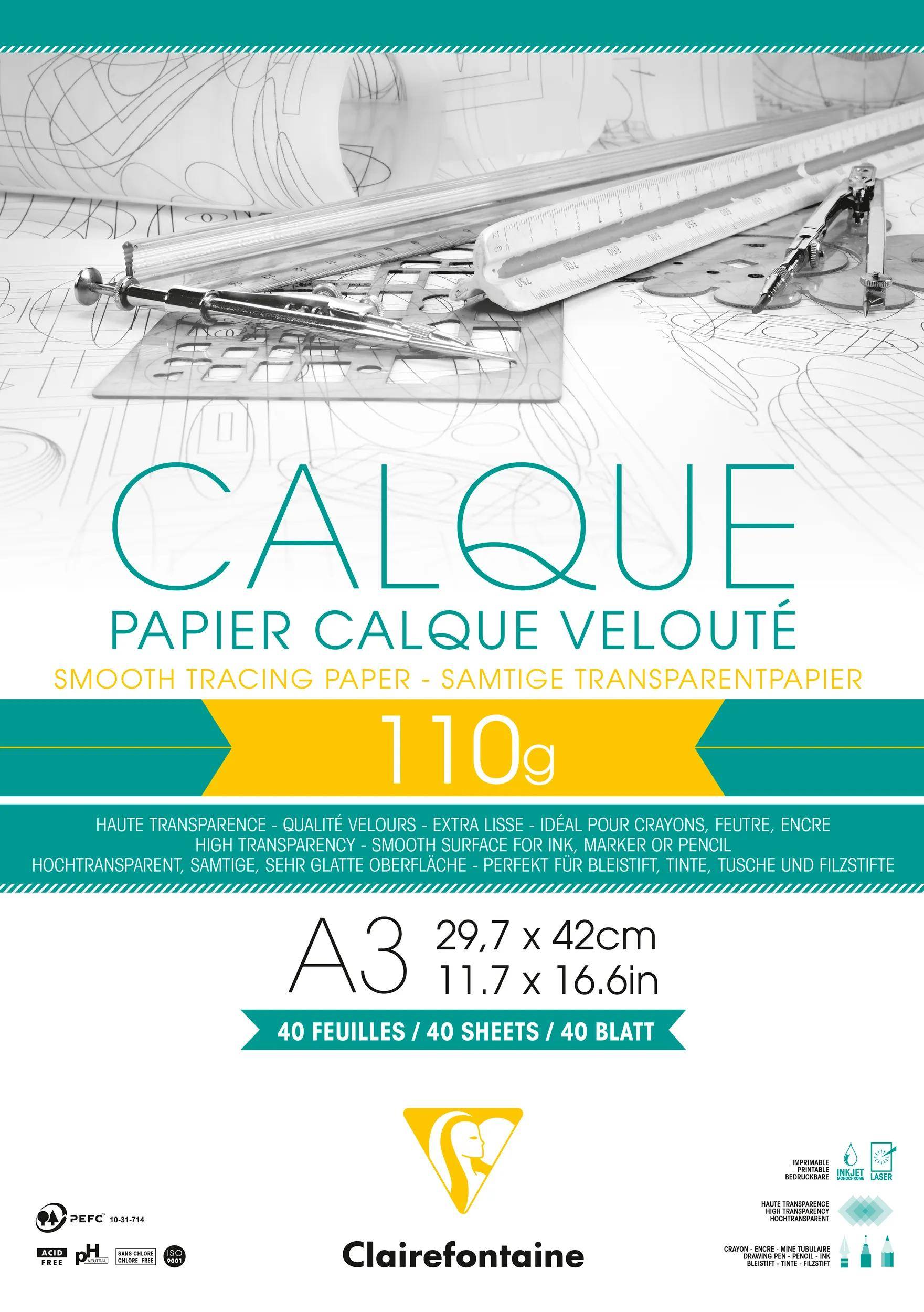 Clairefontaine 5x Transparentpapier, Block geleimt mit 40 Blatt A3, 110g 975107C
