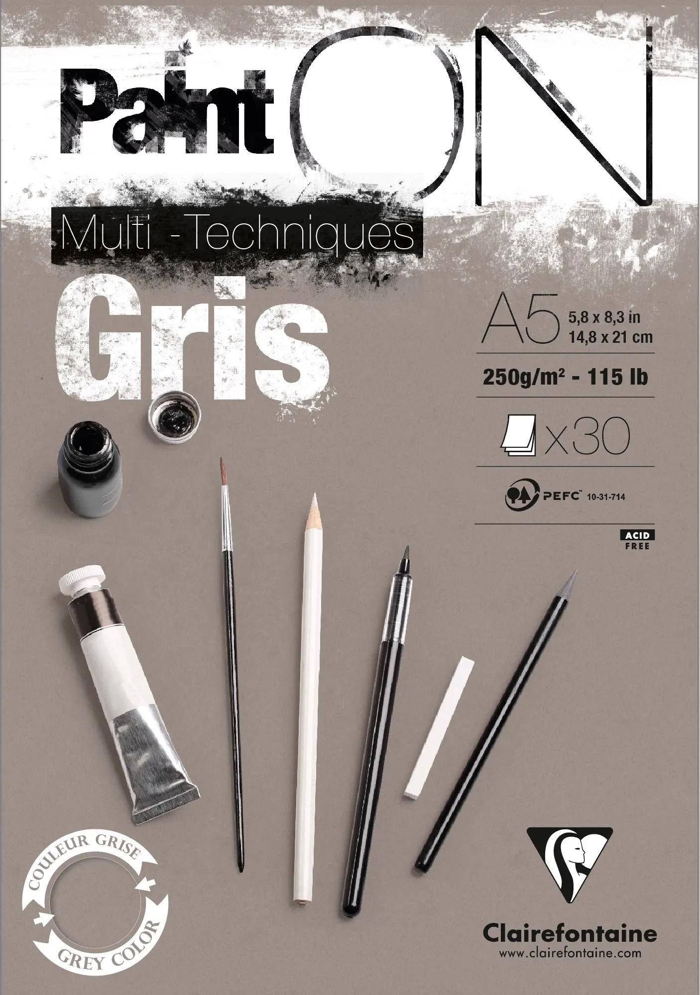 Clairefontaine 4x PaintON Gris Block A5 kopfseitig geleimt 30 Blatt grau 975808C