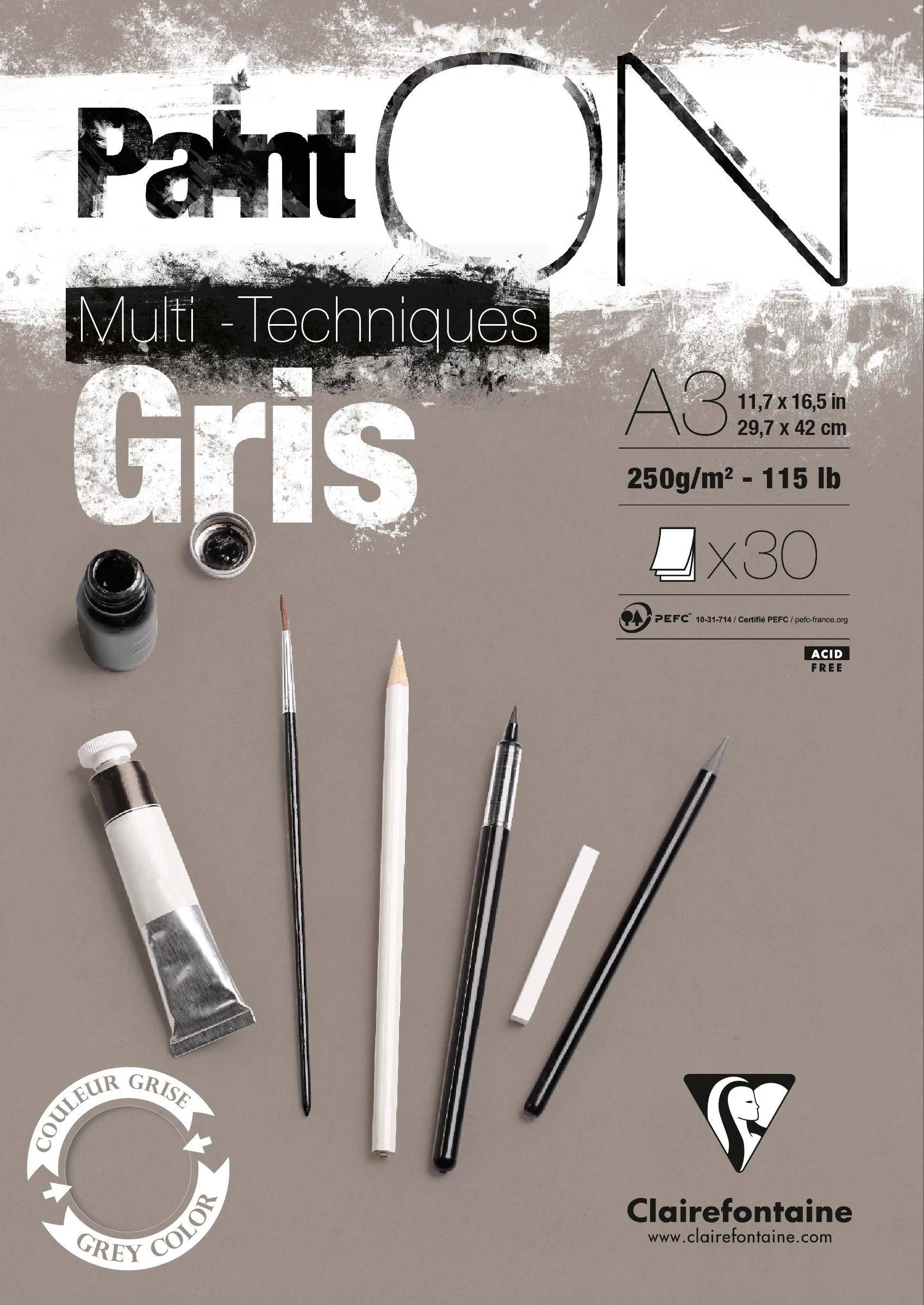 Clairefontaine 2x PaintON Gris Block A3 kopfs. geleimt 30 Blatt grau 975810C