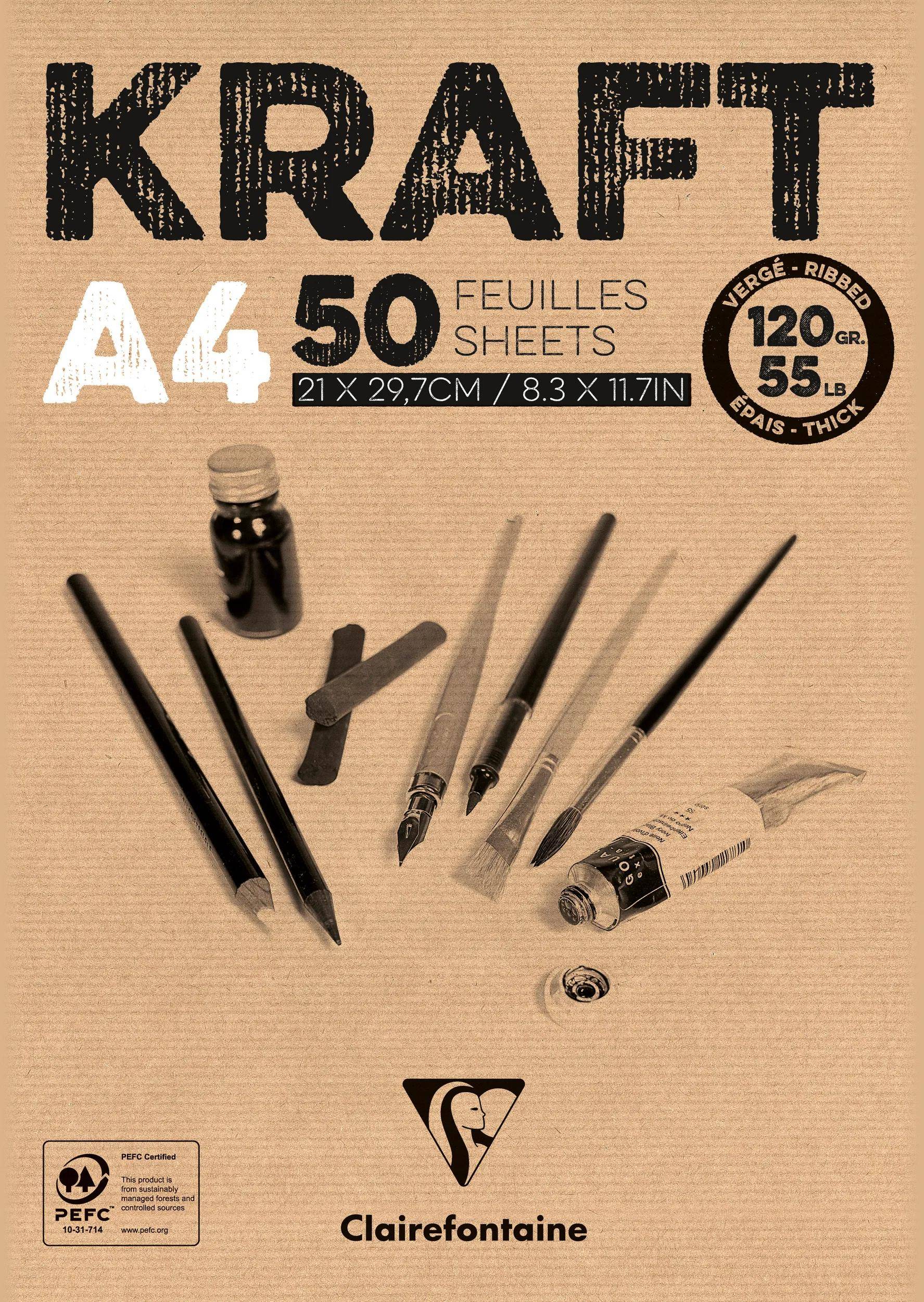 Kraft Clairefontaine A4 Skizzenblock, 50 Blatt, 120 g/m², abgebildet mit Stiften und Kunstzubehör auf dem Umschlag.