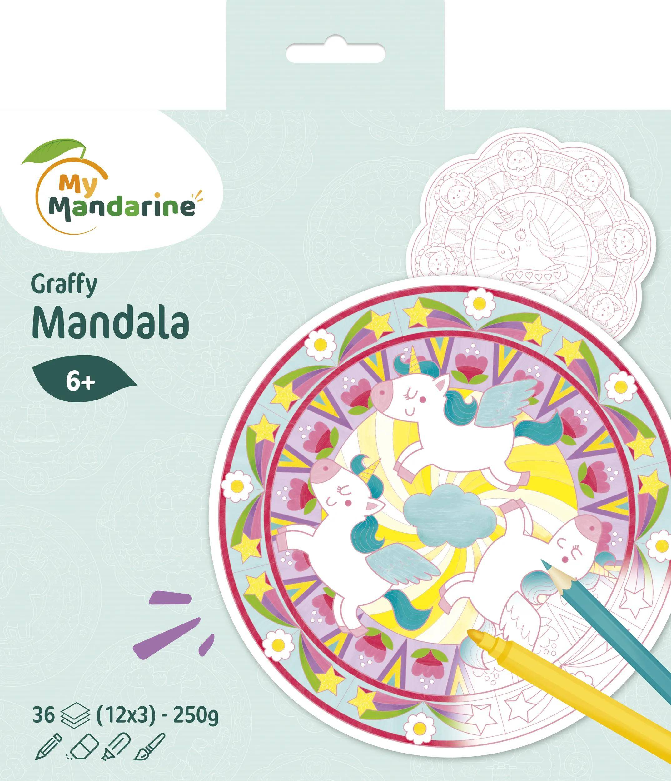 Verpackung für mein Mandarine 'Graffy Mandala' Malset, ab 6 Jahren, zeigt drei Einhörner in einem farbenfrohen kreisförmigen Mandala mit Buntstiften und 36 Seiten, 12x3, 250g.