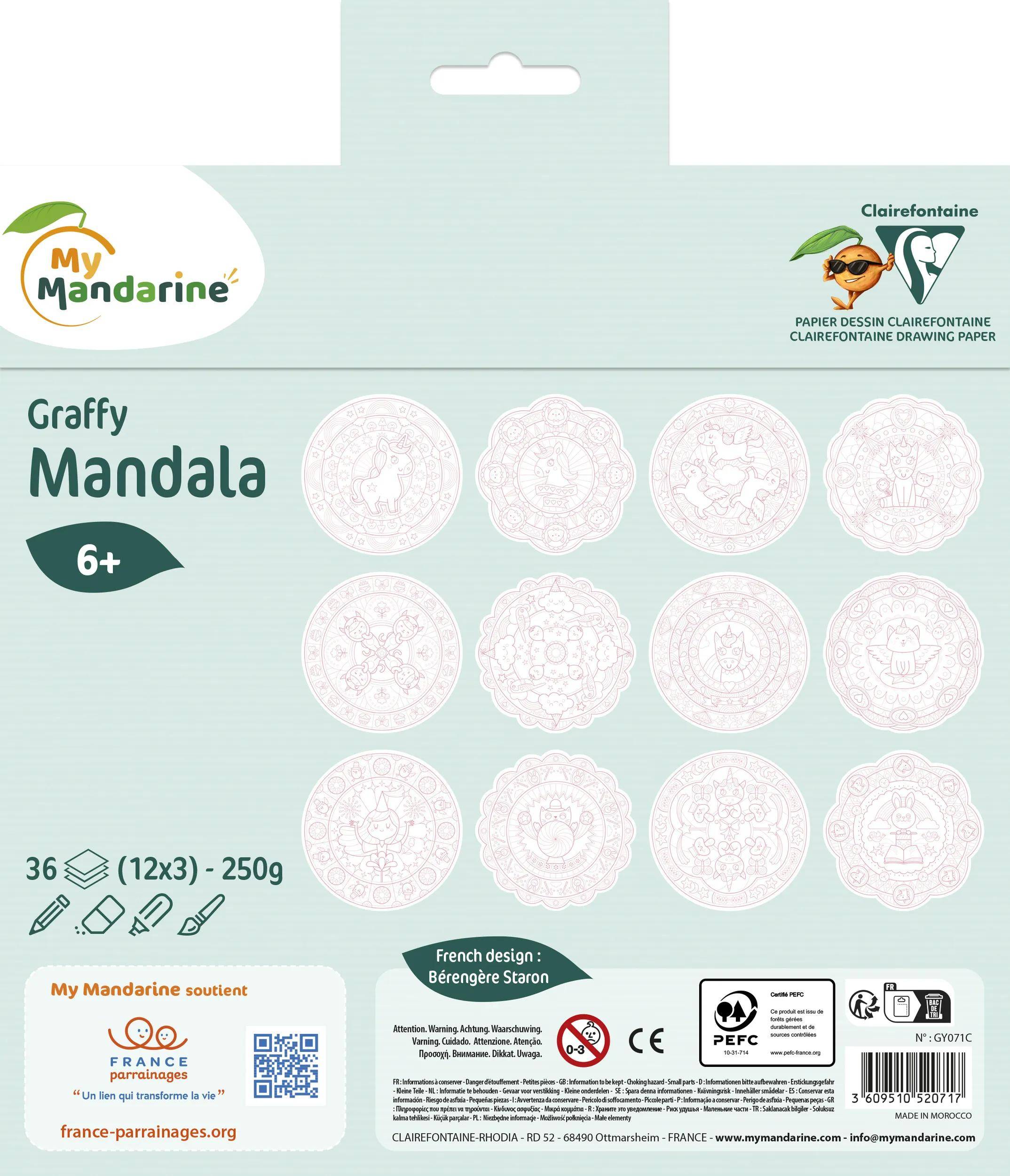 Vorderseite eines My Mandarine 'Graffy Mandala' 6+ Zeichenpapierblocks mit 12x3 250g Blättern, mit 12 Mandala-Mustern und Produktlogos.