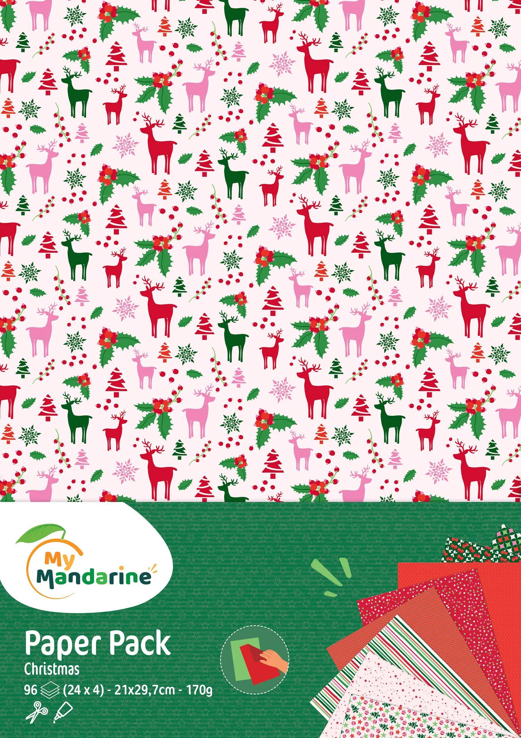 Weihnachtspapierblock mit sich wiederholenden roten, rosa und grünen Rentieren, Bäumen und festlichen Motiven; Marke „My Mandarine