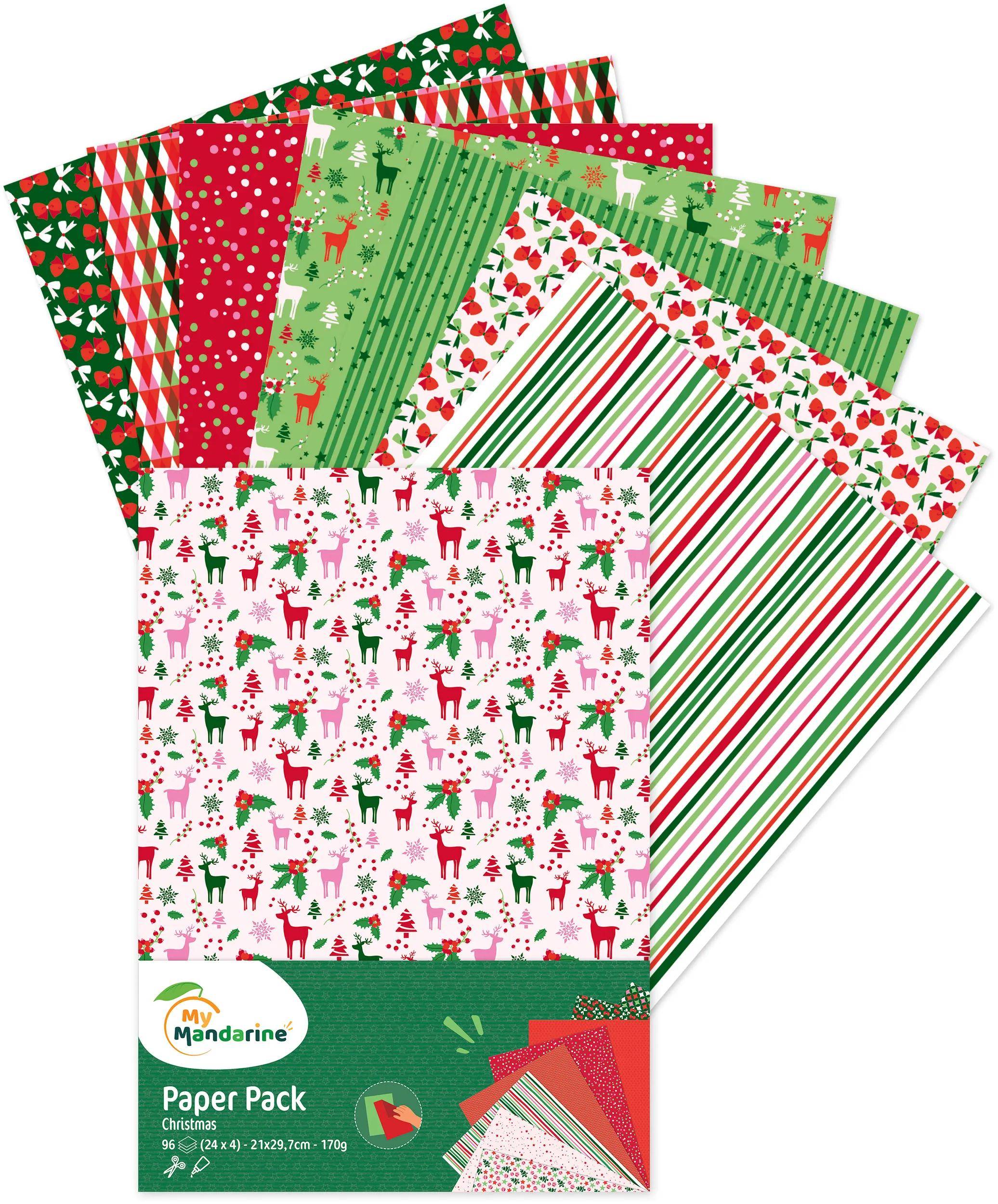 Mein Mandarine Weihnachtspapier-Set mit 16 festlichen gemusterten Blättern in Rot, Grün und Weiß, auf dem Cover gestapelt gezeigt.