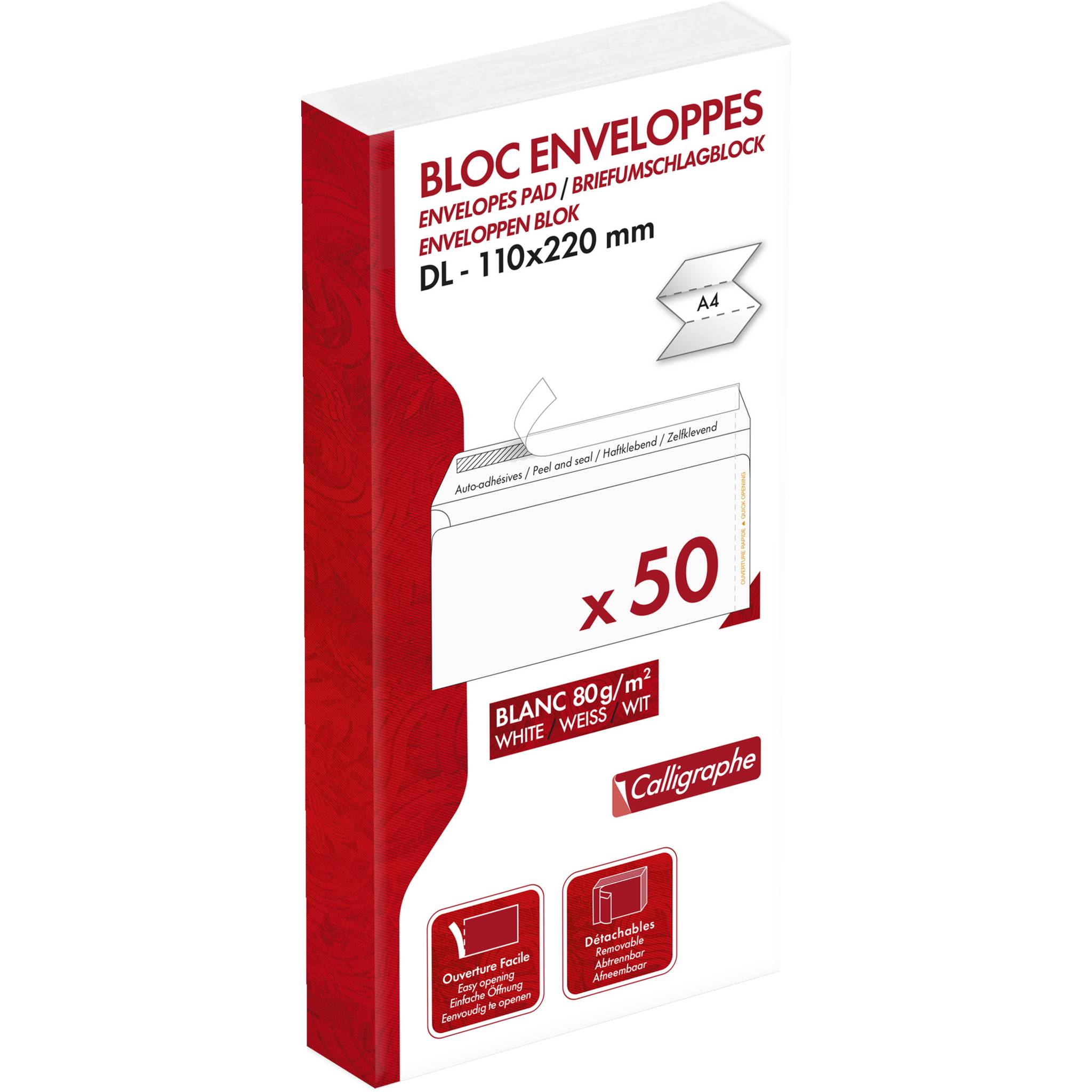 Calligraphe 10x Block mit 50 Umschlägen selbstklebend 110x220mm Weiß 15965C