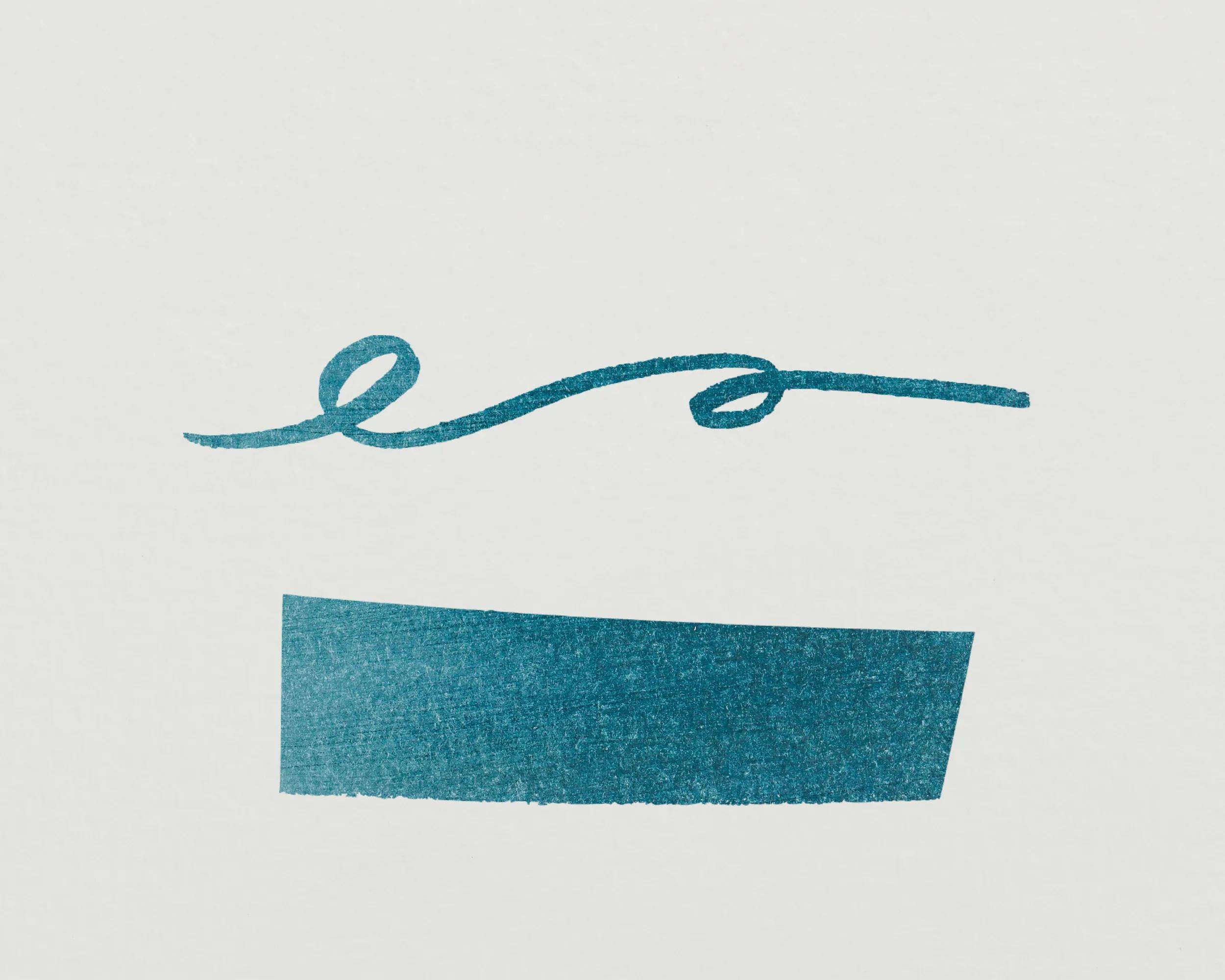 Ein türkiser Wirbel sitzt über einem rechteckigen türkisen Pinselstrich auf einem blassen Hintergrund und veranschaulicht einfache und abstrakte Formen.