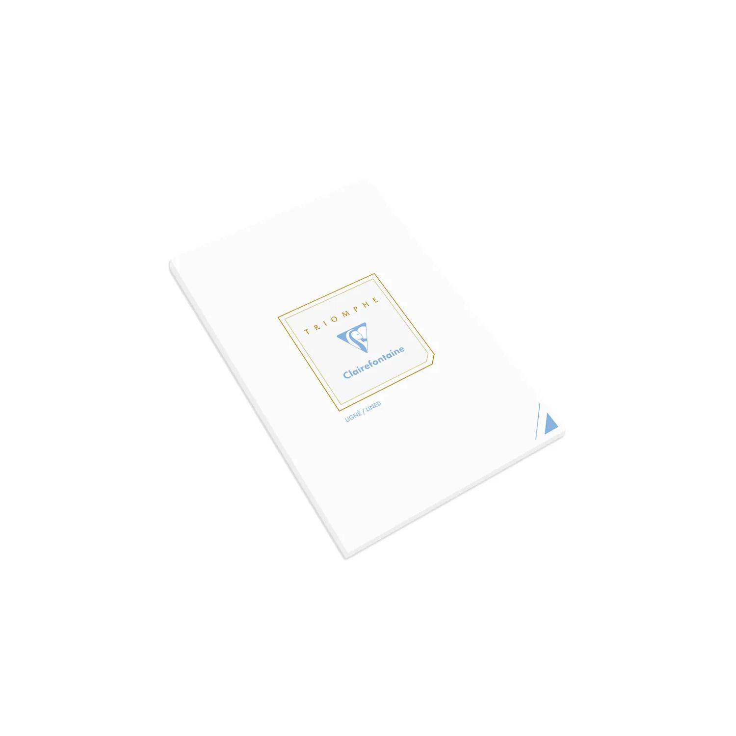 Weiße Clairefontaine-Notizbuch oder Notizblock auf weißem Hintergrund dargestellt, perspektivisch abgewinkelt mit kleinem blauem Eckakzent.