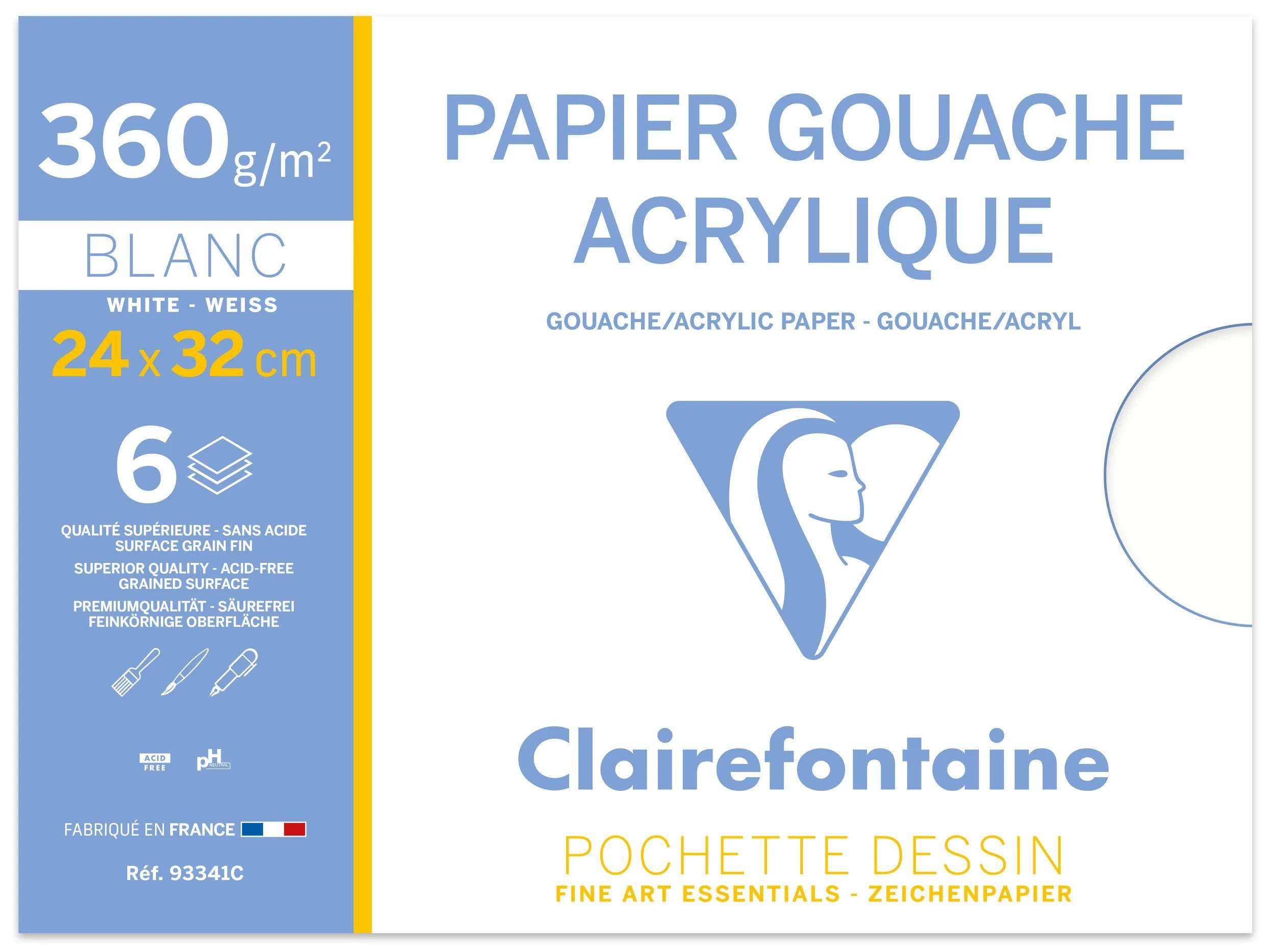 Clairefontaine Kunstzeichenpapier Beutel, 360 g/m2, weiß, 24 x 32 cm, 6 Blätter, für Gouache und Acryl.