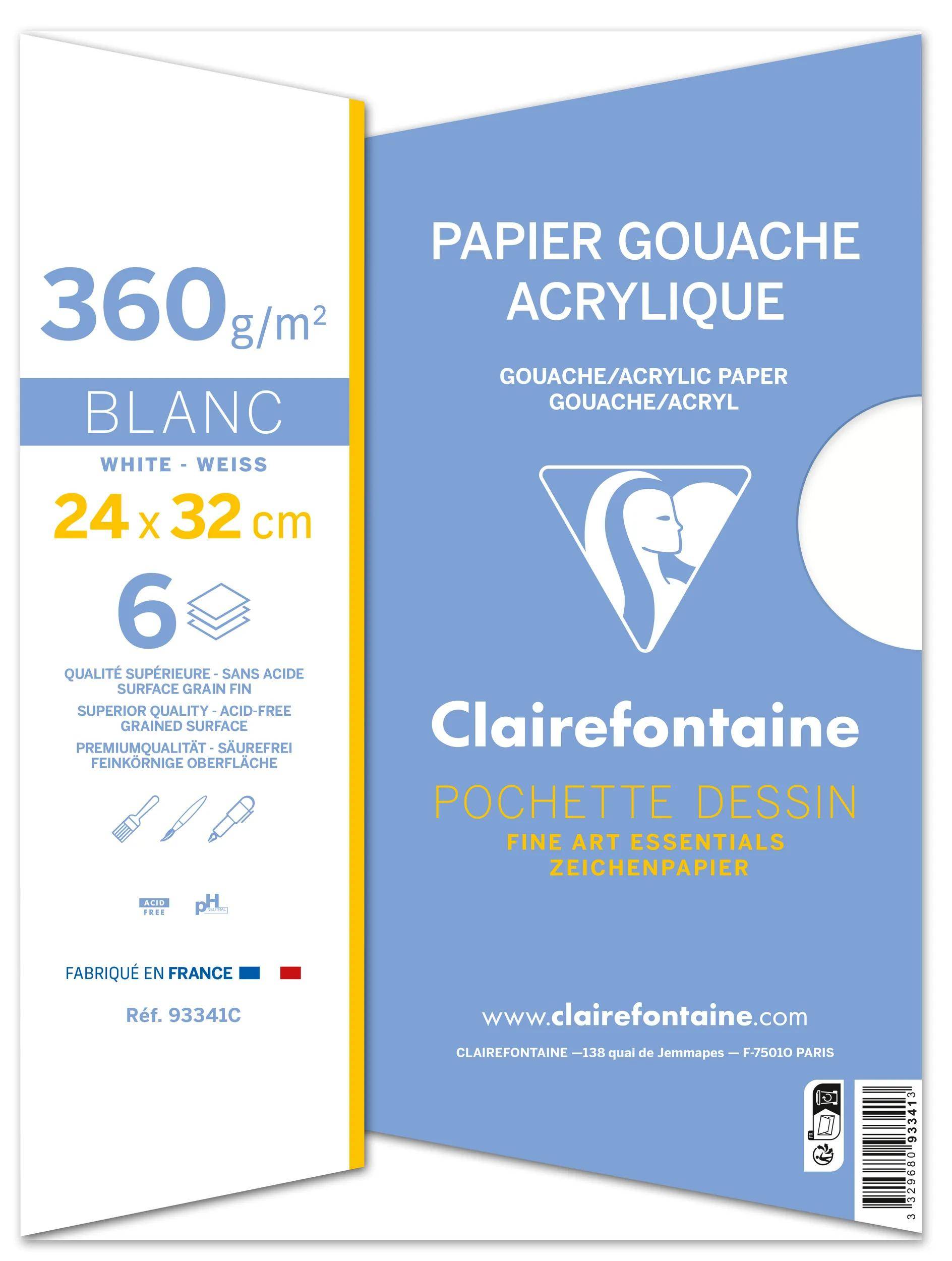 Vorderseite eines Clairefontaine-Zeichenpapierblockes, beschriftet mit „PAPIER GOUACHE ACRYLIQUE