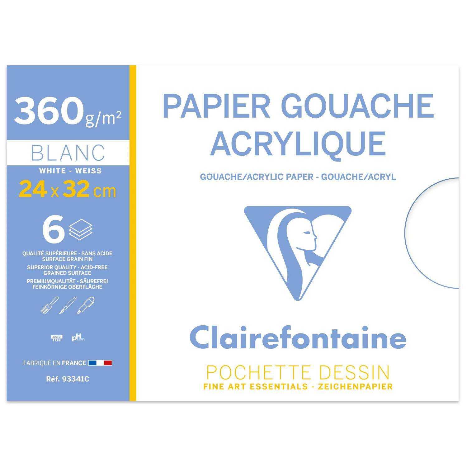 Clairefontaine Zeichenpapierblock Umschlag, weiß 360 g/m², 24 x 32 cm, beschriftet mit „Papier Gouache Acrylique" und „Pochette Dessin"".