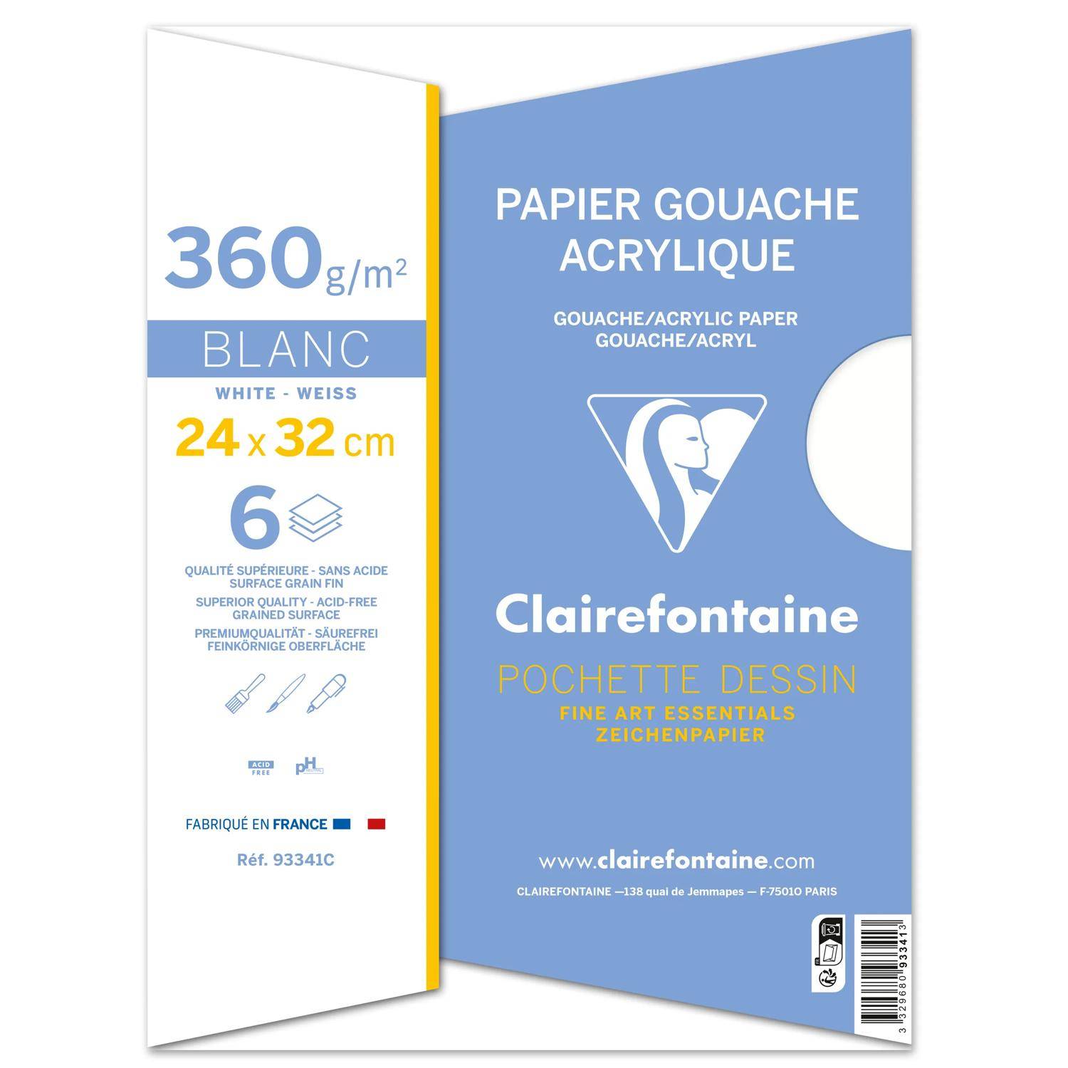 Clairfontaine Künstlerzeichenpapierblock, 24 x 32 cm, 360 g/m² weiß, 6 Blatt, für Gouache und Acryl.