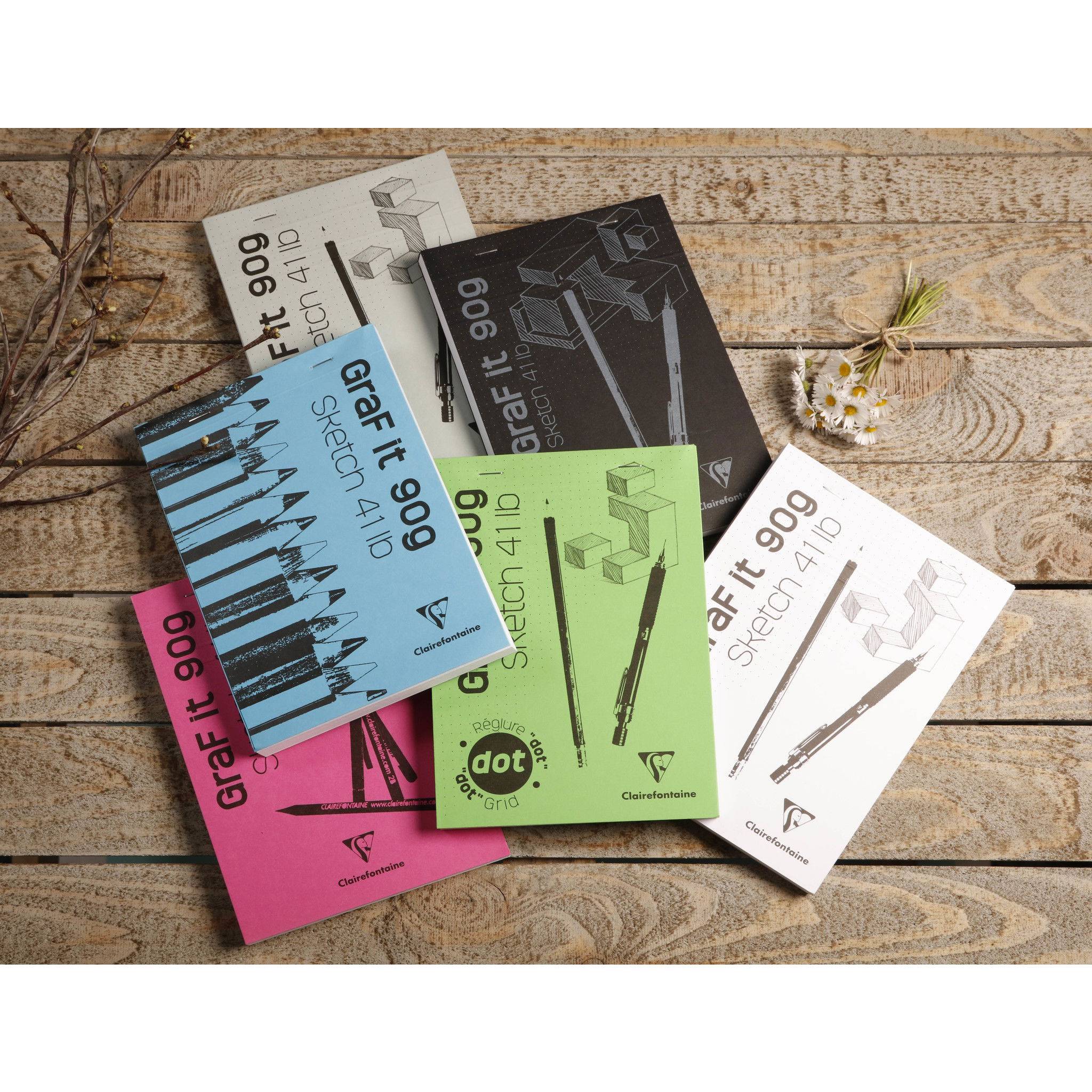 Clairefontaine 5x Skizzenblock GraF'it, DIN A4 , 80 Blatt , DOT-Lin. Weiß 96691C