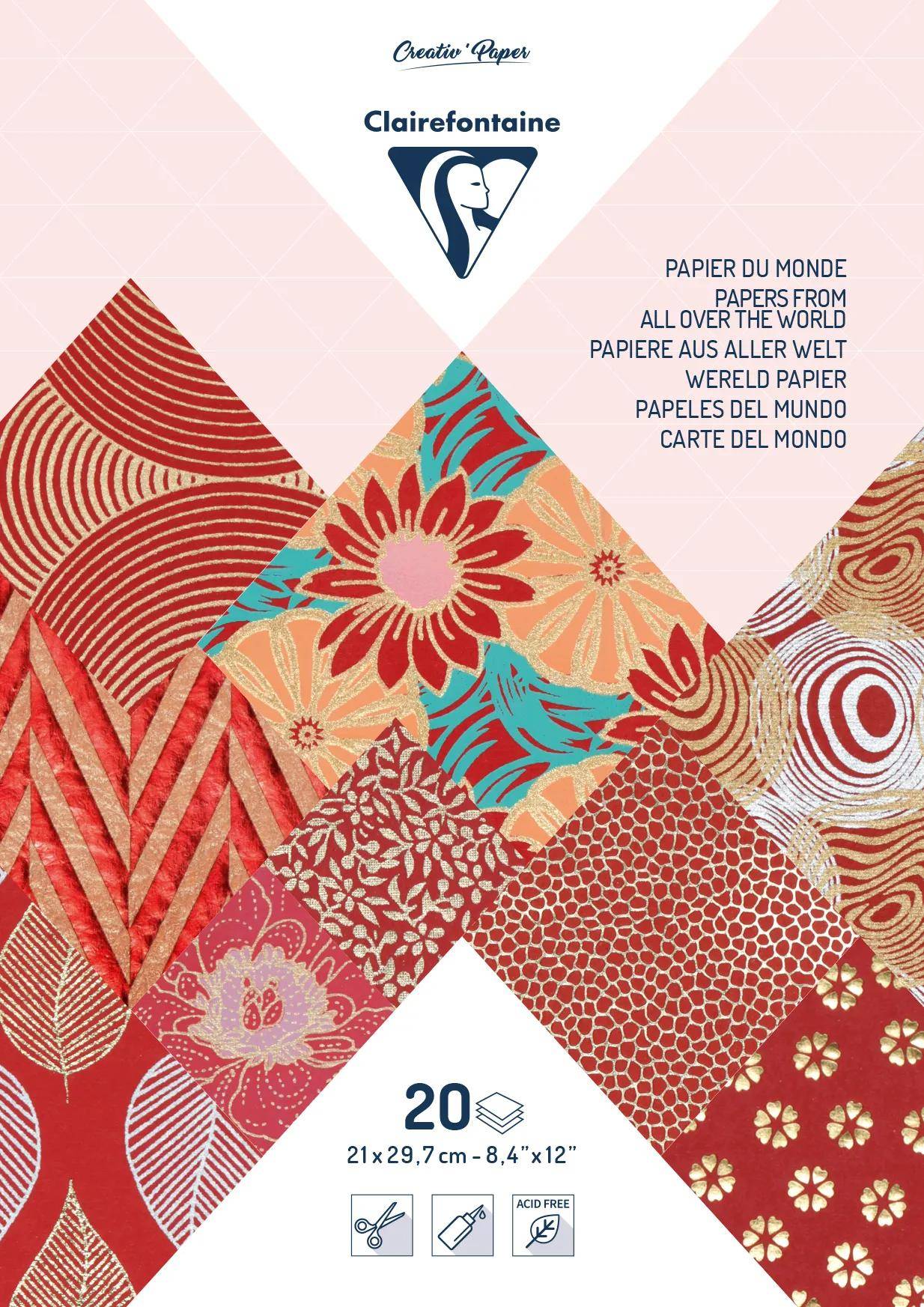 Clairefontaine 'Creative Paper' Beispielpackung mit dem Logo, mehrsprachigem Text 'Papier der Welt' und 20 gemusterten Blättern in einer Collage dargestellt.