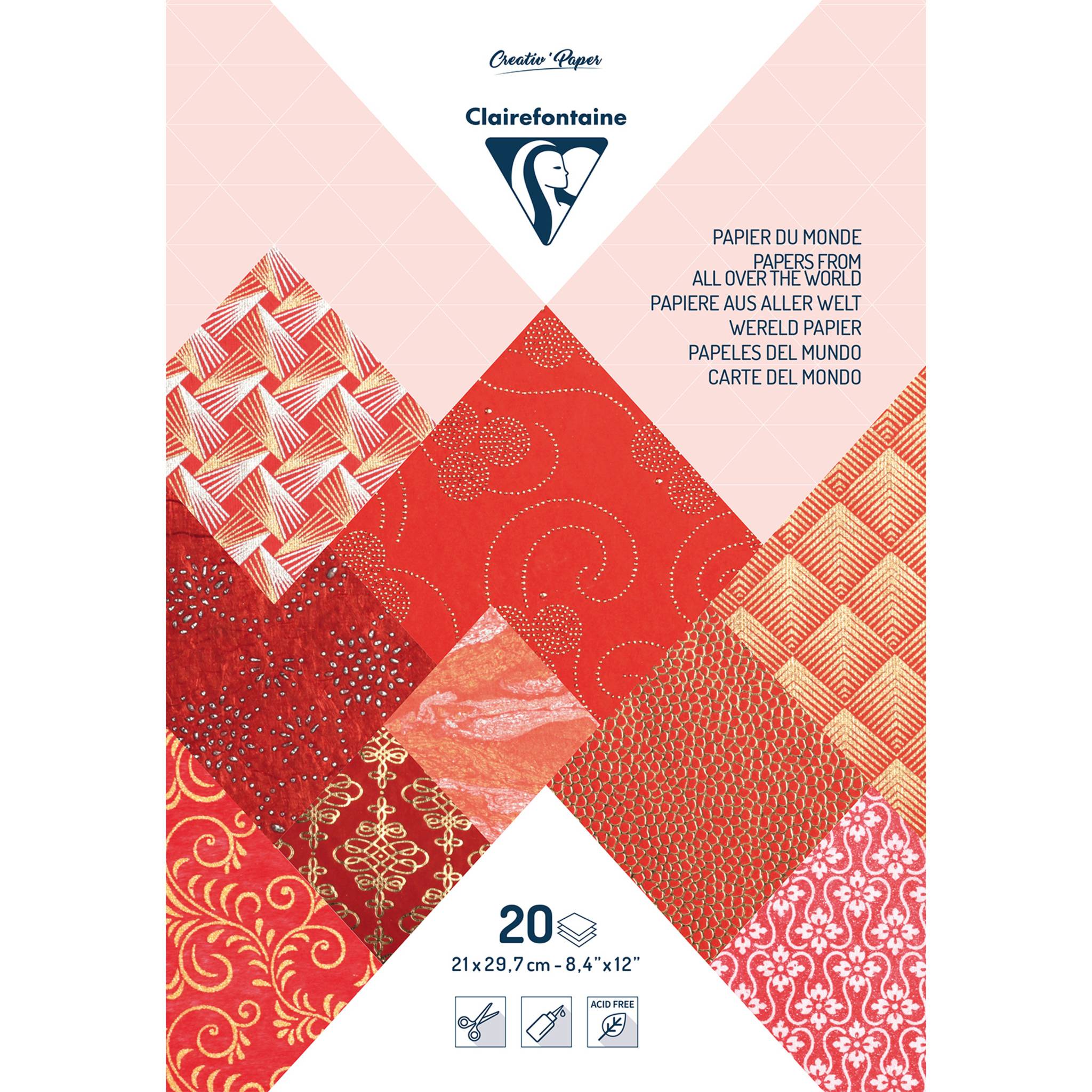 Clairefontaine Dekorativpapierpackung mit rotem Musterpapier, '20' Blatt, DIN A4 Format 21 x 29,7 cm / 8,4 x 12