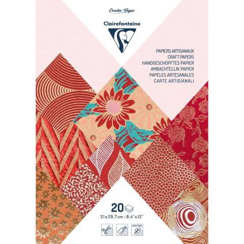 Umschlag von Clairefontaine Kreativpapieren, zeigt farbenfrohe gemusterte Papiermuster und „20" Blatt, 21 x 29,7 cm, A4-Format.