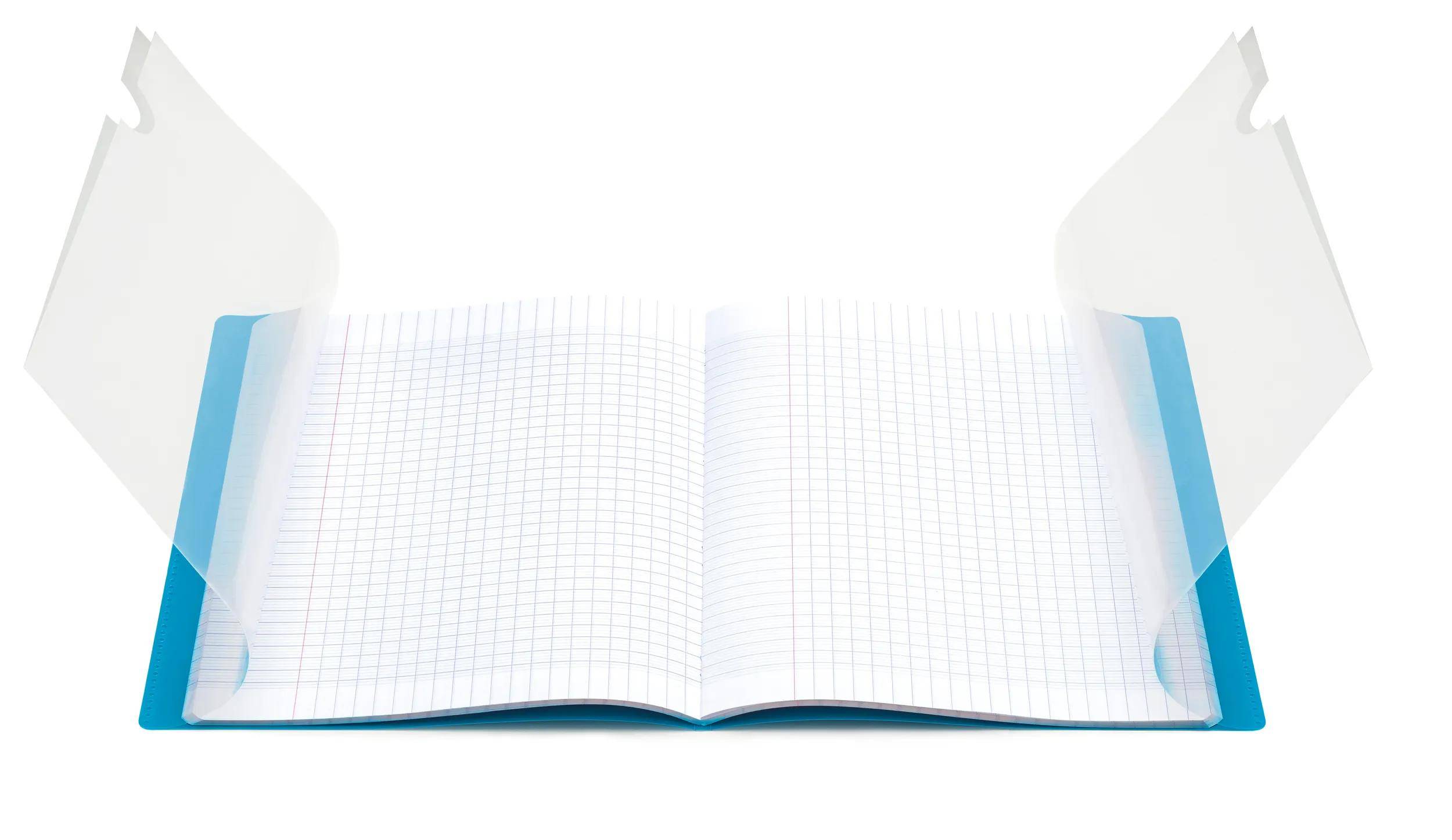 Leeres Notizbuch mit Millimeterpapier, blauem Einband und gefalteten weißen Seiten auf weißem Hintergrund