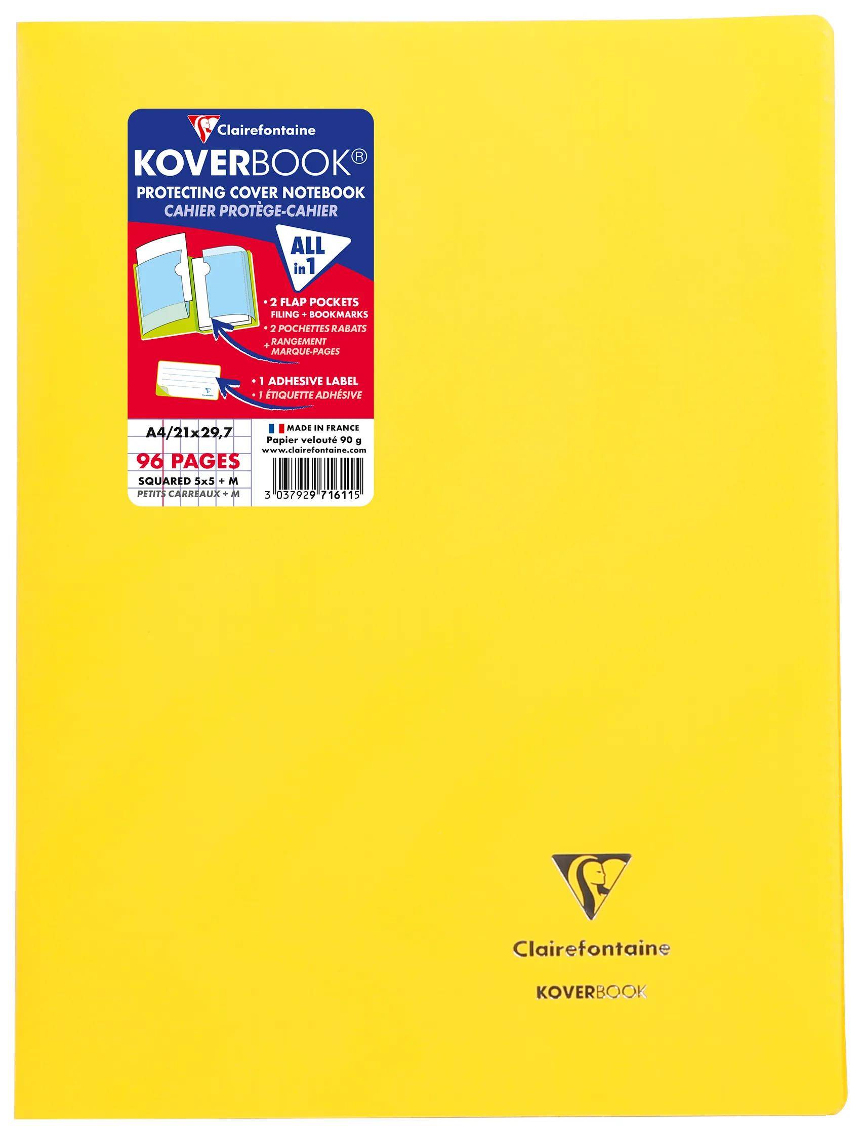 Ein gelbes Clairefontaine Koverbook mit 96 karierten Seiten, mit zwei Innentaschen und einem abnehmbaren Etikett, Größe A4/21x29,7 cm.