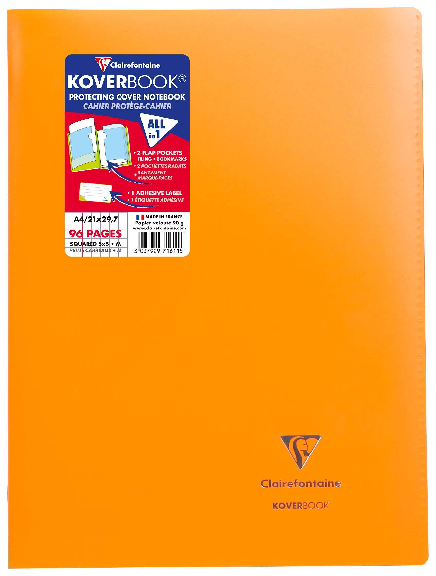 Clairefontaine Koverbook A4, 96 Seiten, orangefarbener Umschlag, mit 2-in-1-Schutz- und Klebeetikett.