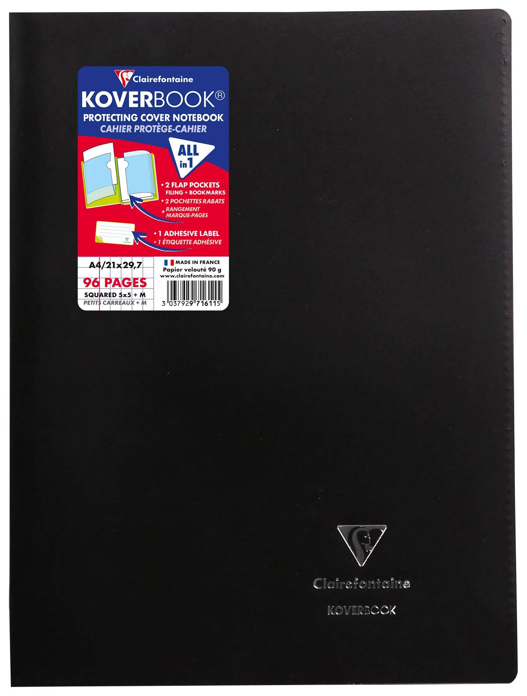 Schwarzer strukturierter Notizbucheinband mit einem Etikett, das „Koverbook