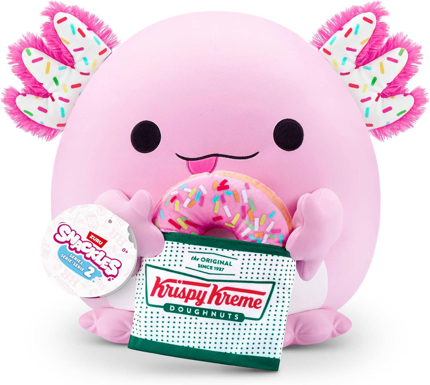 ZURU 77573M - Snackles Axolotl in Pink mit Krispy-Kreme-Donut, Serie 2 - Kuscheltier (35 cm)
