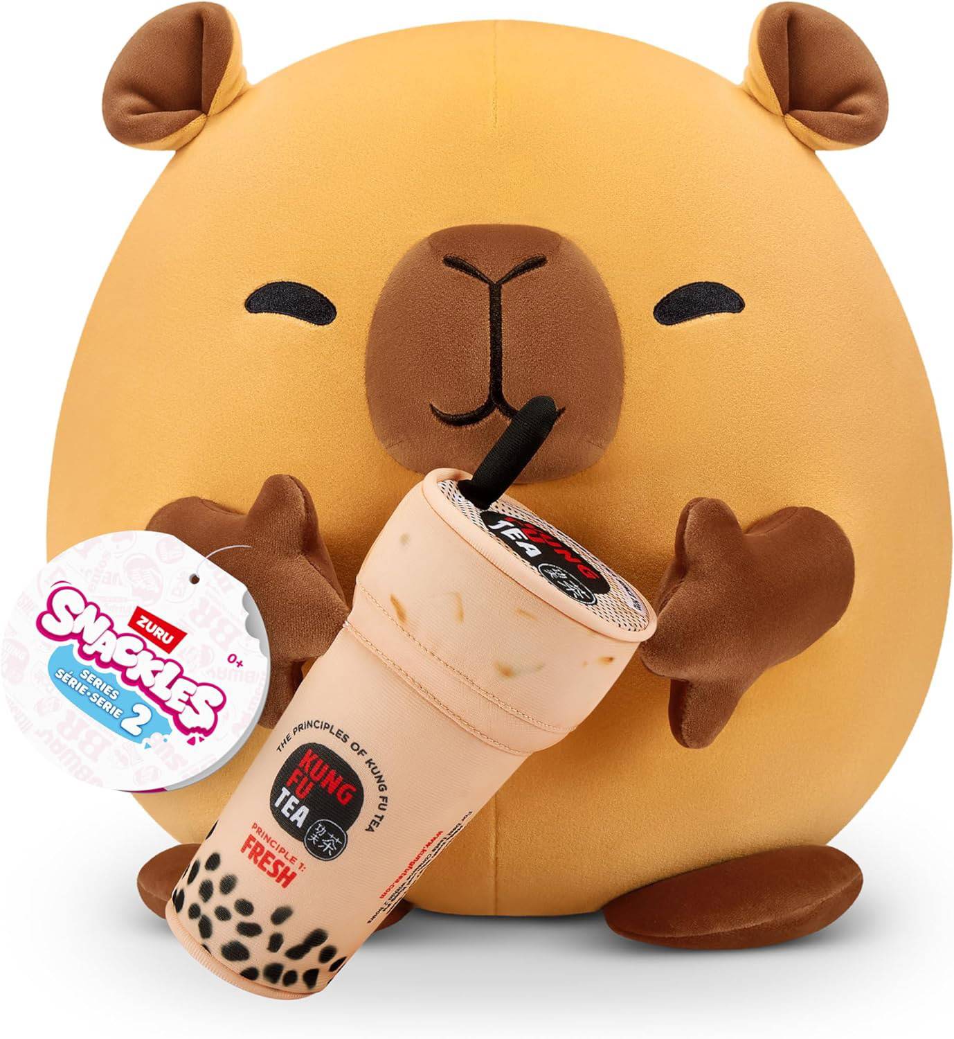 ZURU 77573D - Snackles Capybara Wasserschwein in Braun mit Kung-Fu-Bubble-Tea, Serie 2 - Kuscheltier (35 cm)