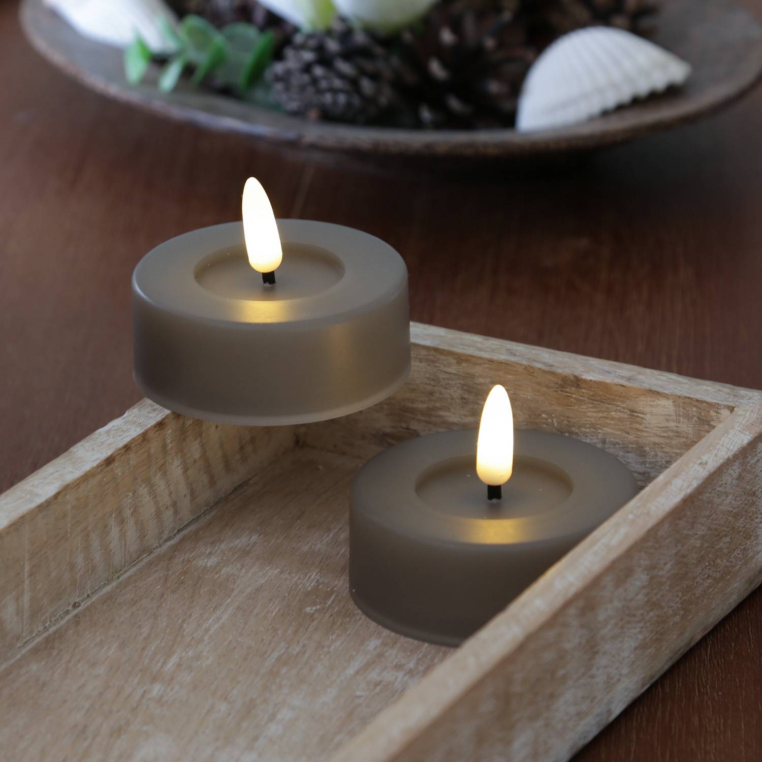 LED Maxi Teelichter XL Jumbo Outdoor für Innen Außen Timer D: 6,5cm grau 2er Set