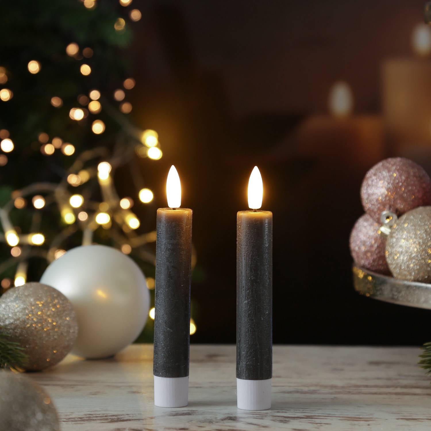 LED Stabkerzen Tafelkerzen Spitzkerzen Echtwachs Rustik Optik H: 14cm grau 2St