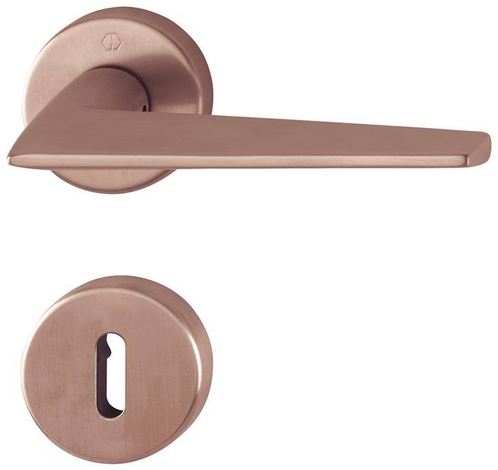 Rosegold-Türklinke mit passender runder Schlüssellochrosette, dargestellt in Vorder- und Seitenansicht vor weißem Hintergrund.