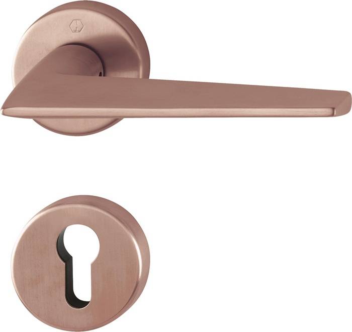 Modernes Türklinken-Set aus Roségold mit passendem rundem Schlüsselloch-Schild auf weißem Hintergrund.