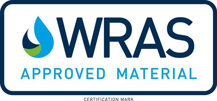 WRAS-zertifiziertes Materialzertifizierungszeichen mit blauem Tropfenlogo und dem Text „WRAS APPROVED MATERIAL"