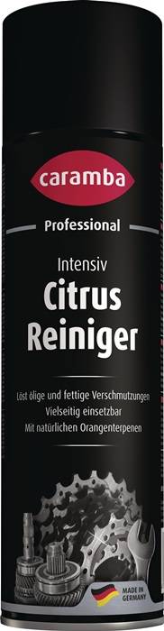 Black Caramba Professional Intensiv Citrus Reiniger Sprühdose mit deutscher Beschriftung und Zitrusgrafik, gekennzeichnet mit Made in Germany.
