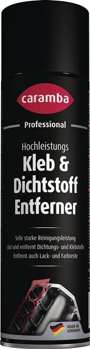 Black Caramba Professionelle Sprühdose mit der Bezeichnung Hochleistungs Kleb & Dichtstoff Entferner, ein Hochleistungs-Kleb- und Dichtstoff-Entferner, hergestellt in Deutschland.