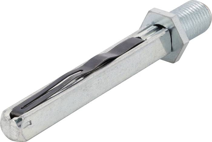 Metallhaftspreizanker mit Gewinde und Sechskantmutter, isoliert auf weißem Hintergrund dargestellt.