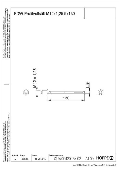 Technische Zeichnung einer FDW-Profilvolschraube, gekennzeichnet mit „FDW-Profilvollstift M12x1,25 9x130