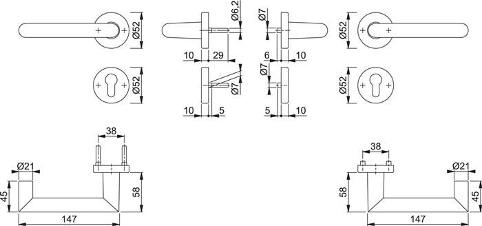 Technische Zeichnung eines Türgriffsets, das Vorder-, Seiten- und Schnittansichten mit Abmessungen für den Hebel und die Schlüssellochrosette zeigt.